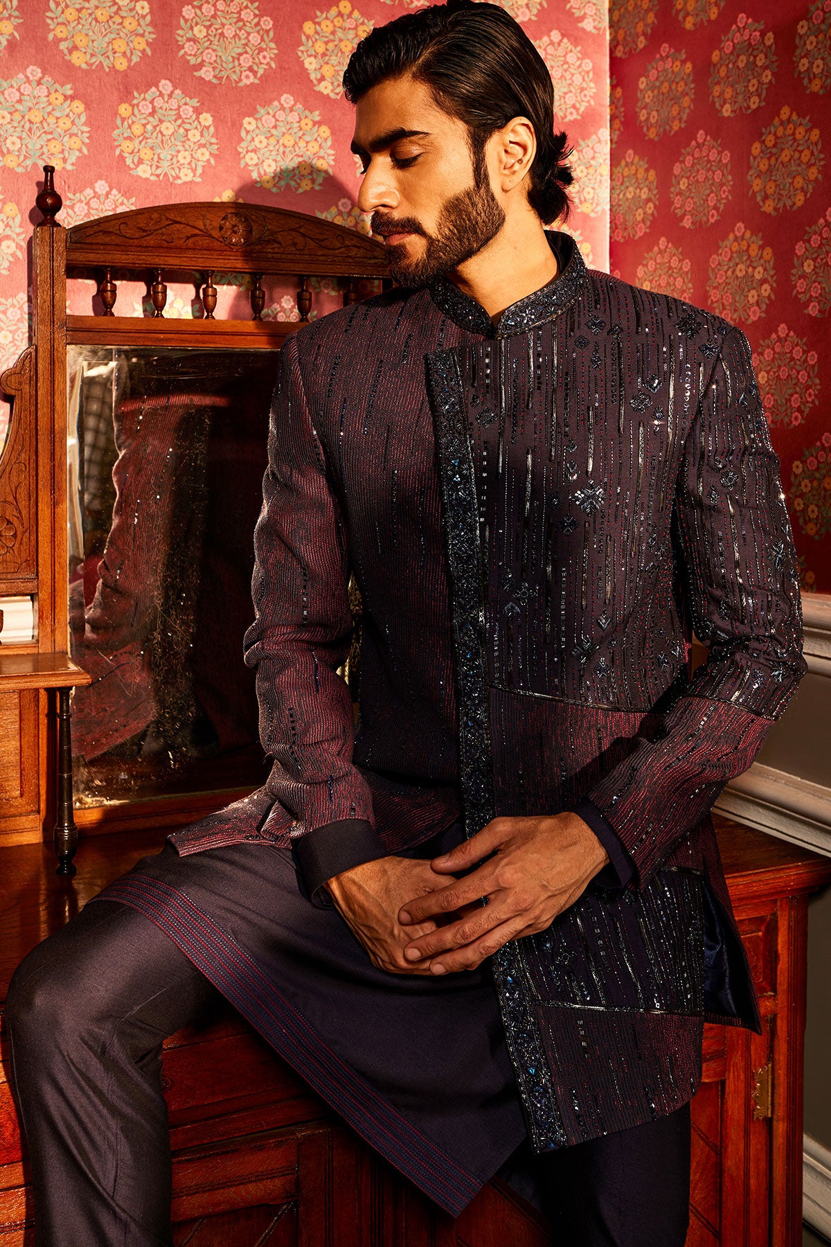 Twilight Embroidered Asymmetrical Silk Indo-Western Set