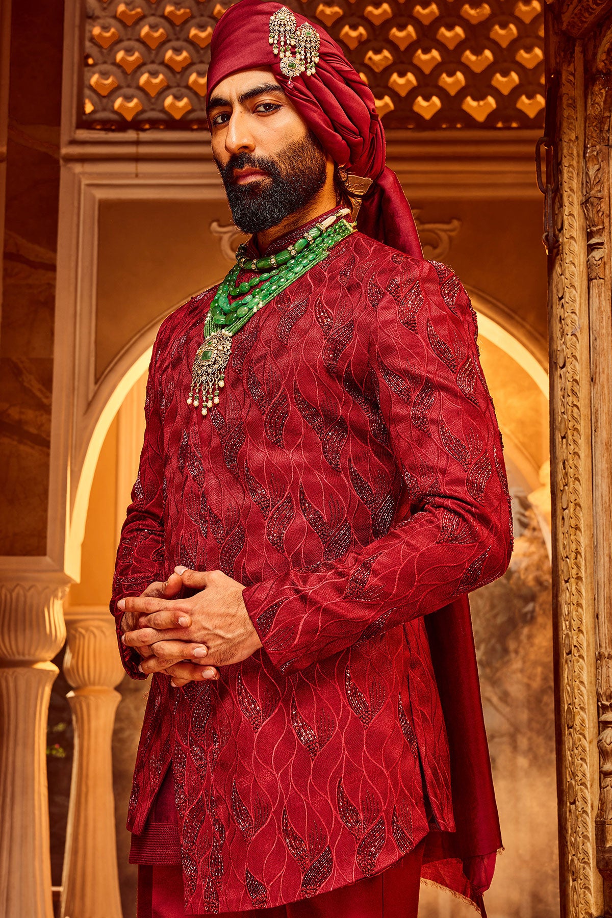 Deep Red Chanderi Silk Asymmetrical Sherwani