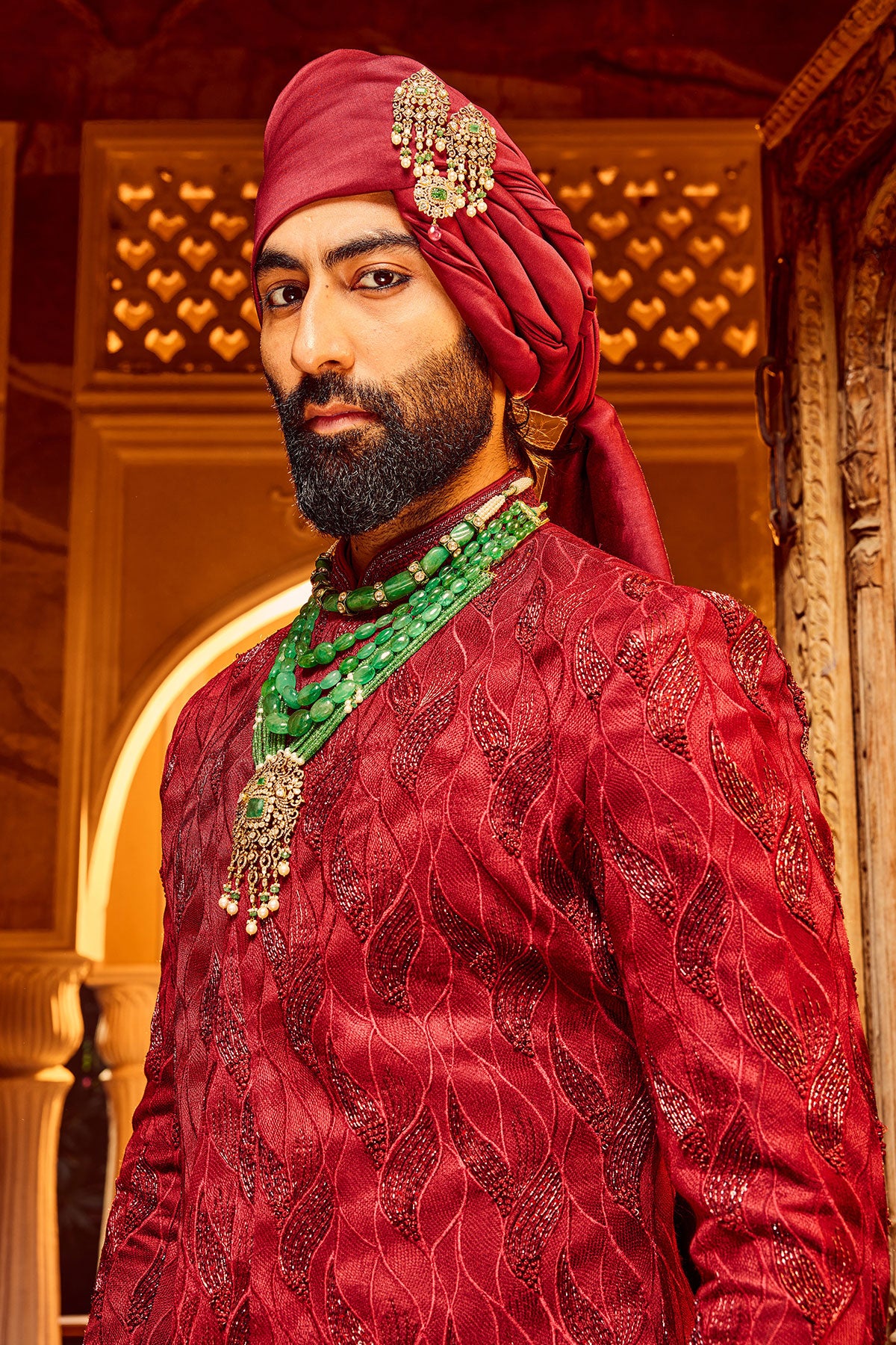 Deep Red Chanderi Silk Asymmetrical Sherwani
