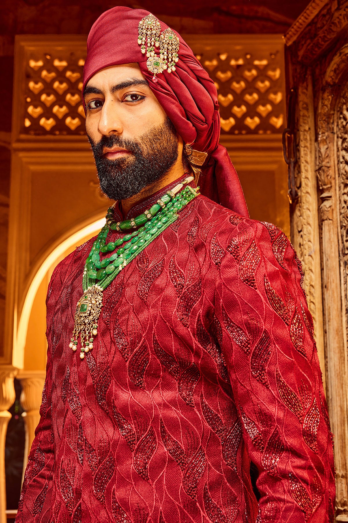 Deep Red Chanderi Silk Asymmetrical Sherwani