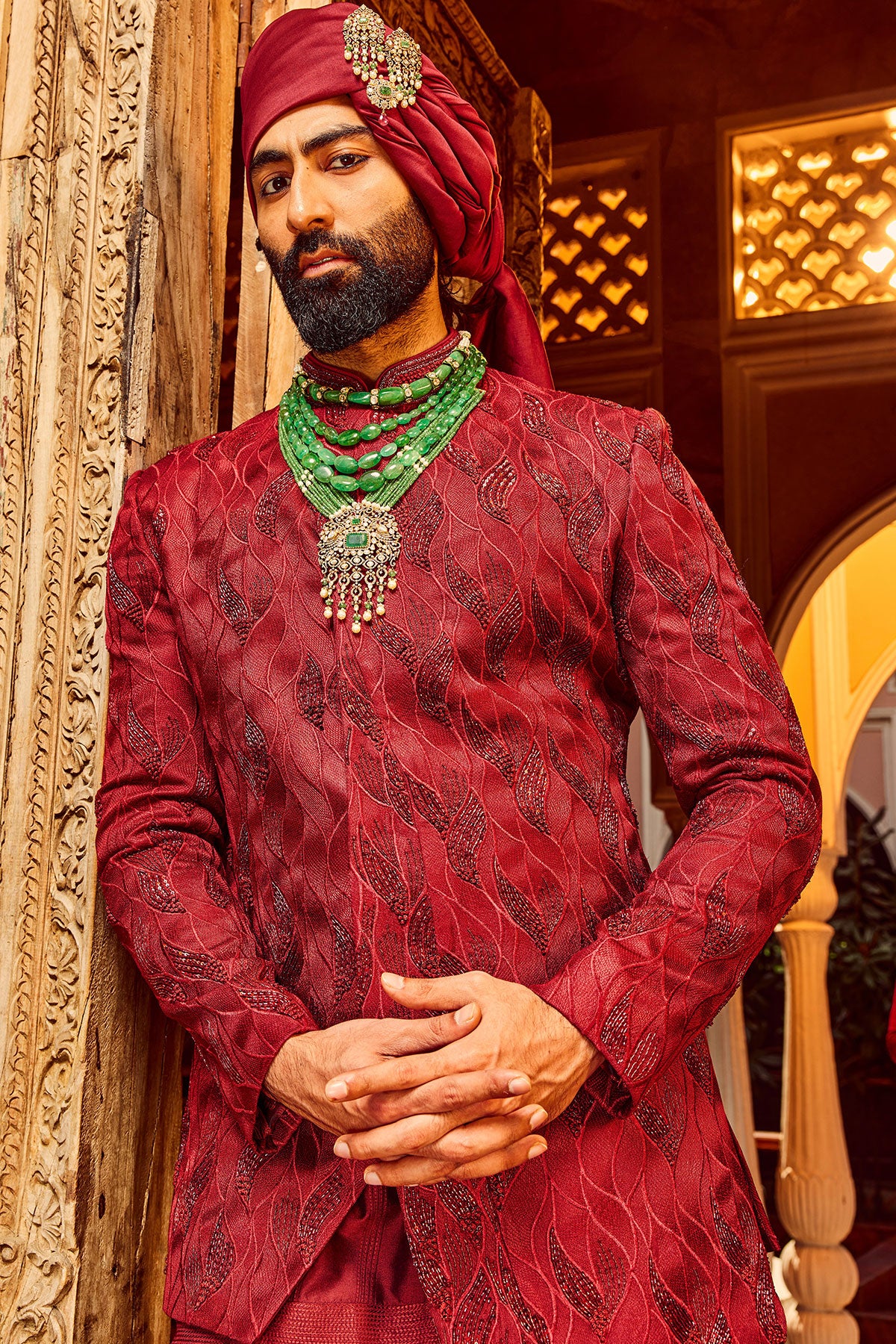 Deep Red Chanderi Silk Asymmetrical Sherwani