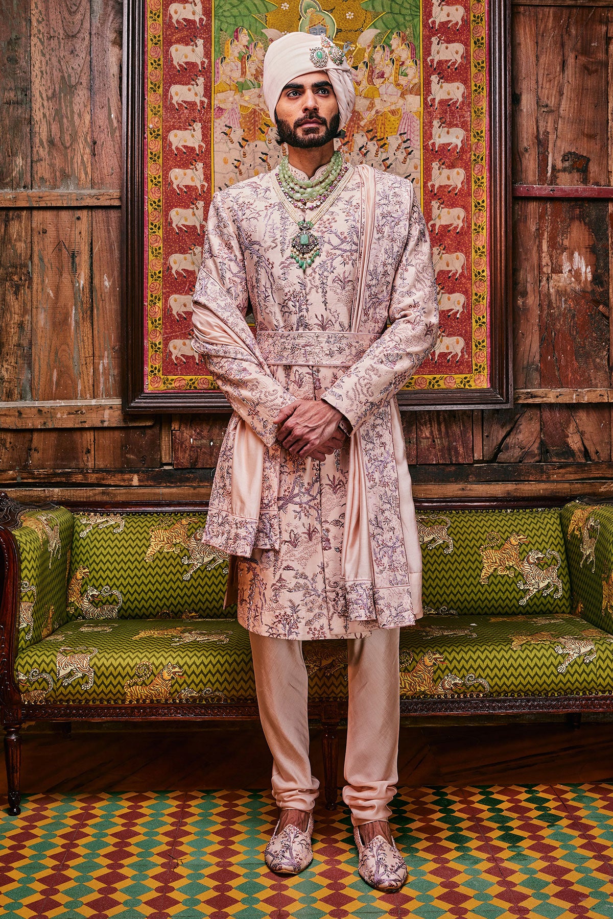 Peach Chanderi Moti Embroidered Sherwani