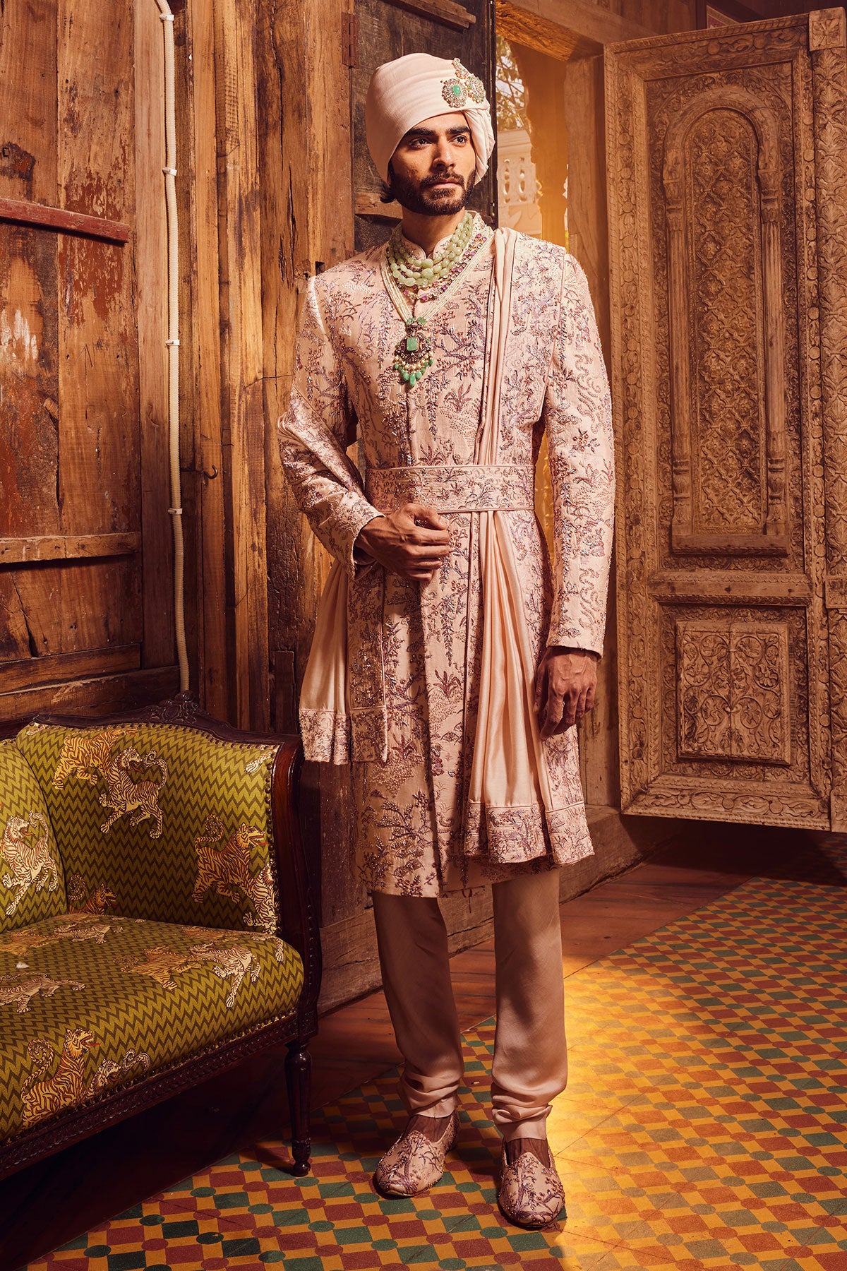 Peach Chanderi Moti Embroidered Sherwani