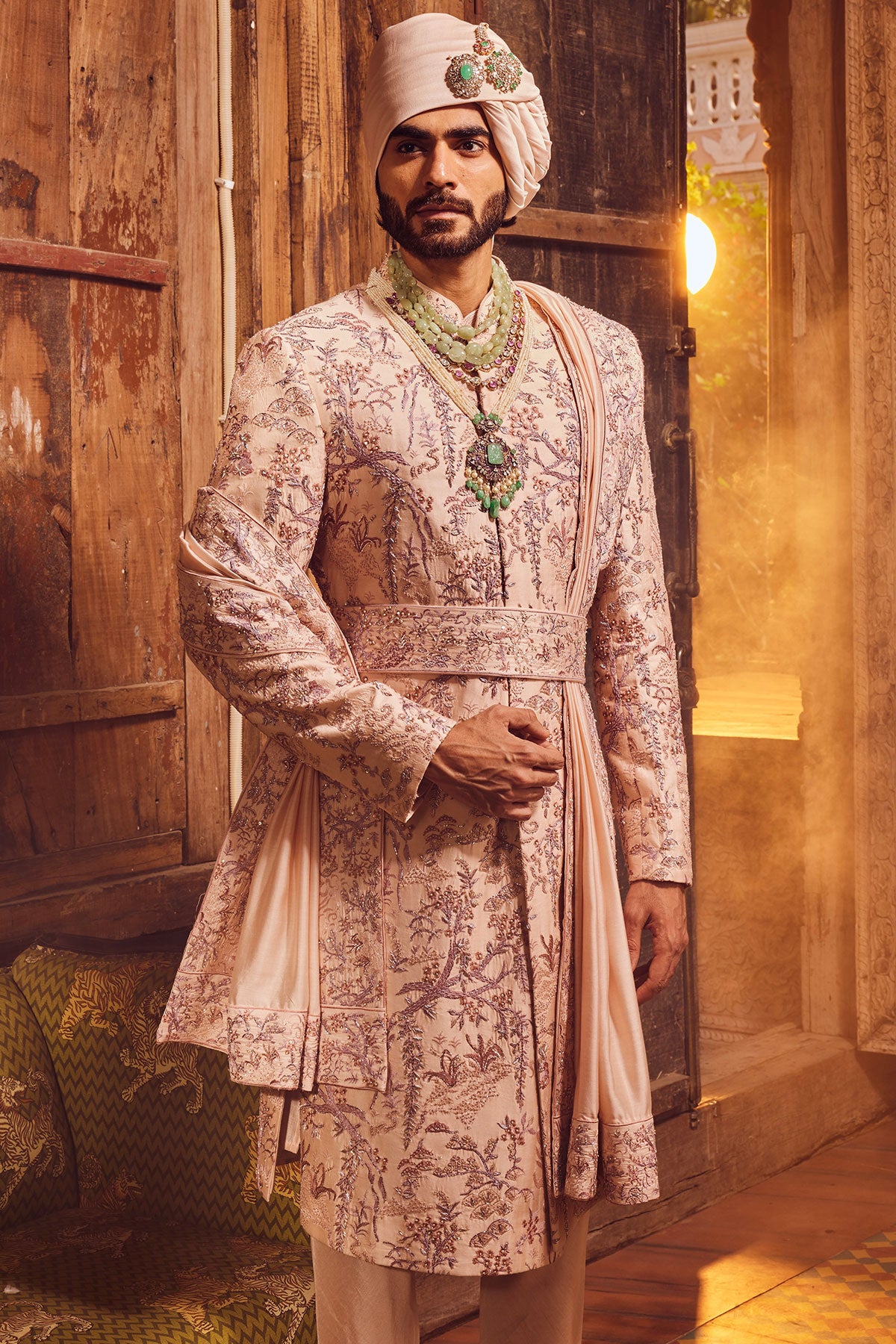 Peach Chanderi Moti Embroidered Sherwani