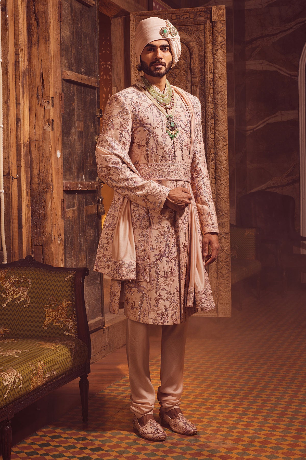 Peach Chanderi Moti Embroidered Sherwani