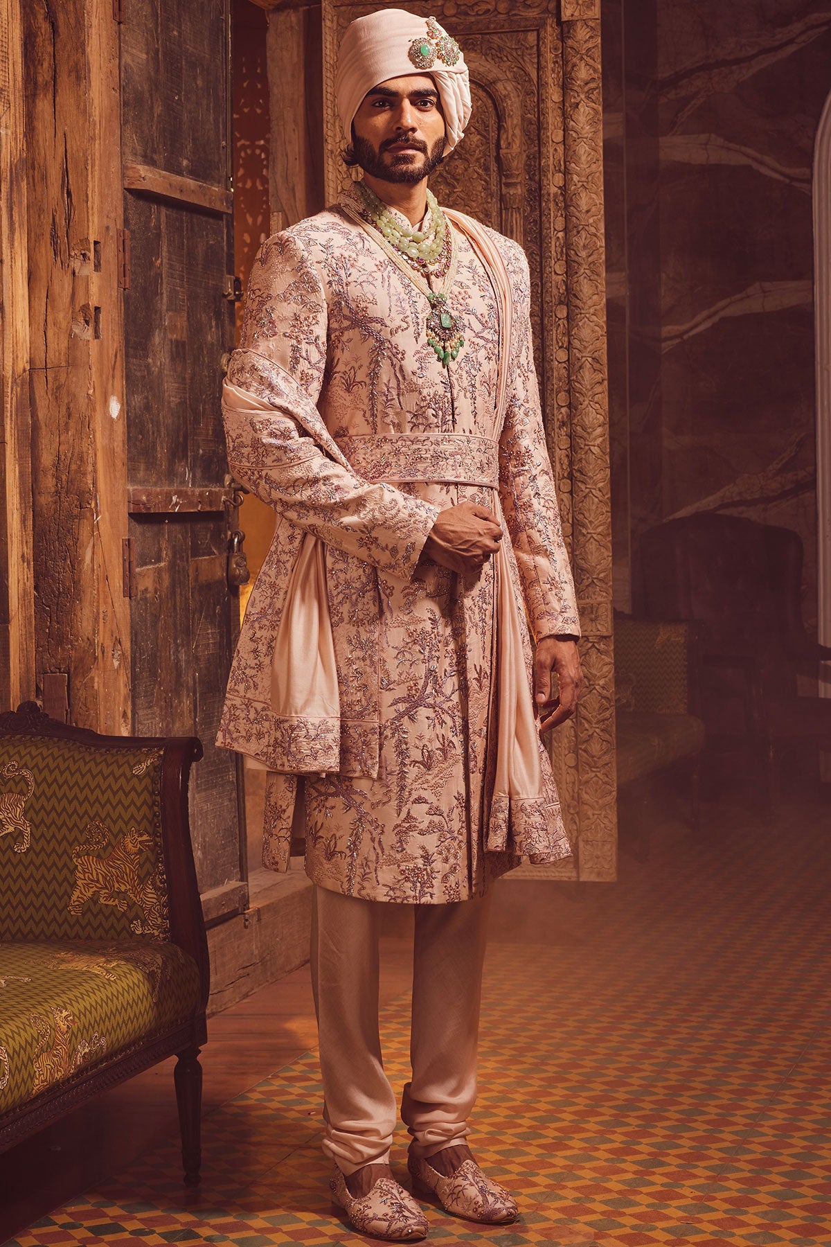 Peach Chanderi Moti Embroidered Sherwani