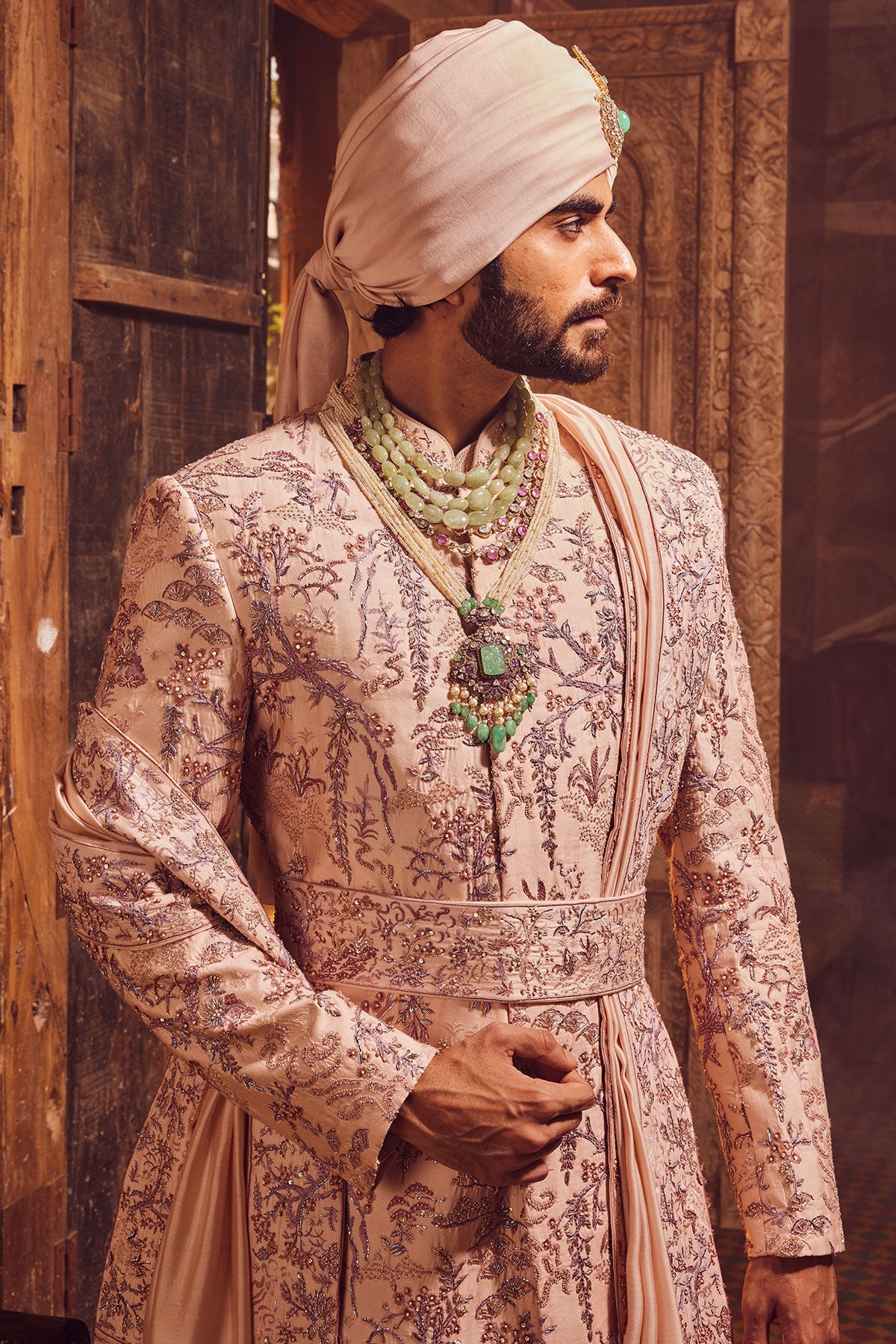 Peach Chanderi Moti Embroidered Sherwani