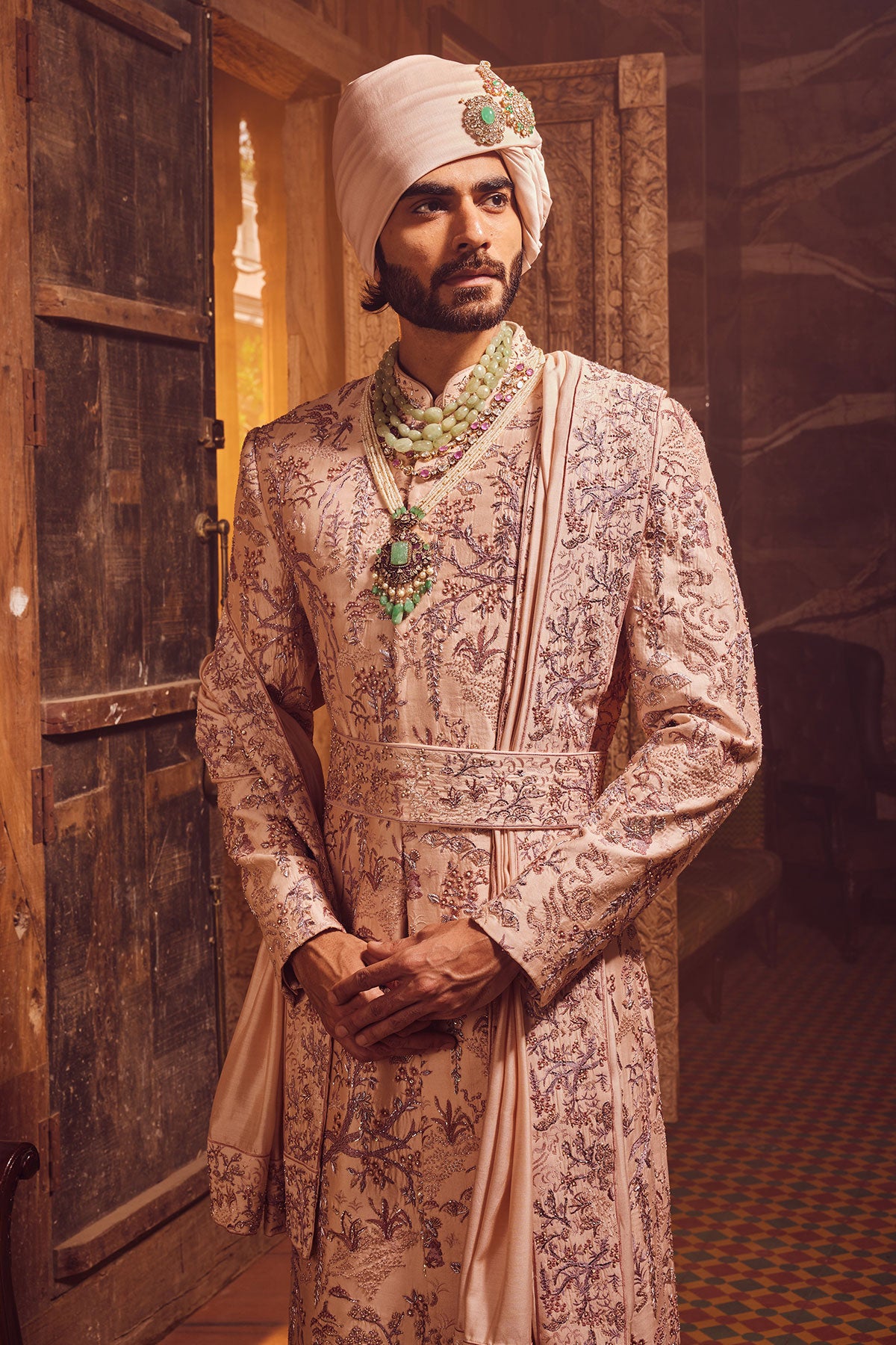 Peach Chanderi Moti Embroidered Sherwani