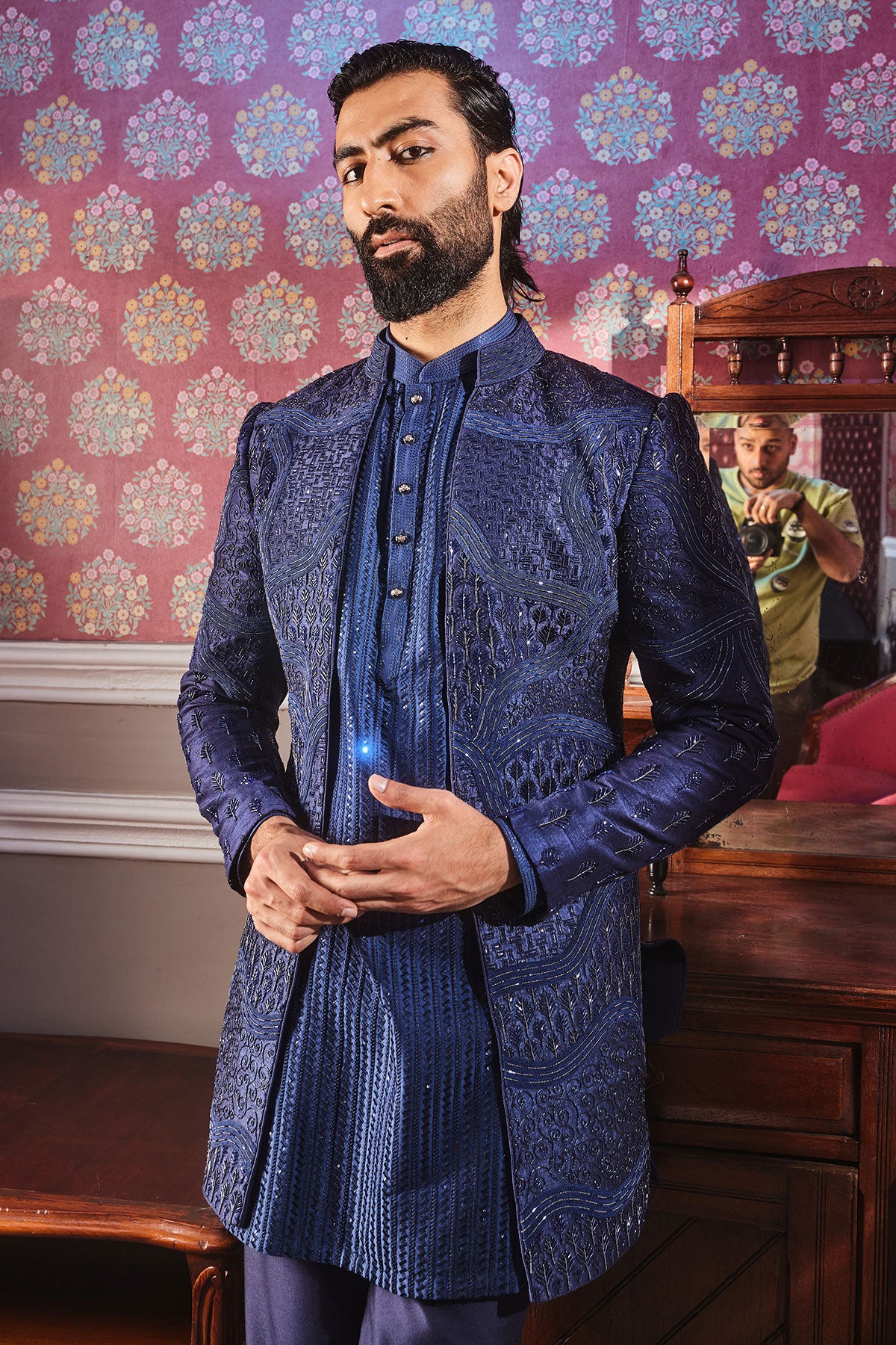 Navy Open Raw Silk Embroidered Indo-Western Set