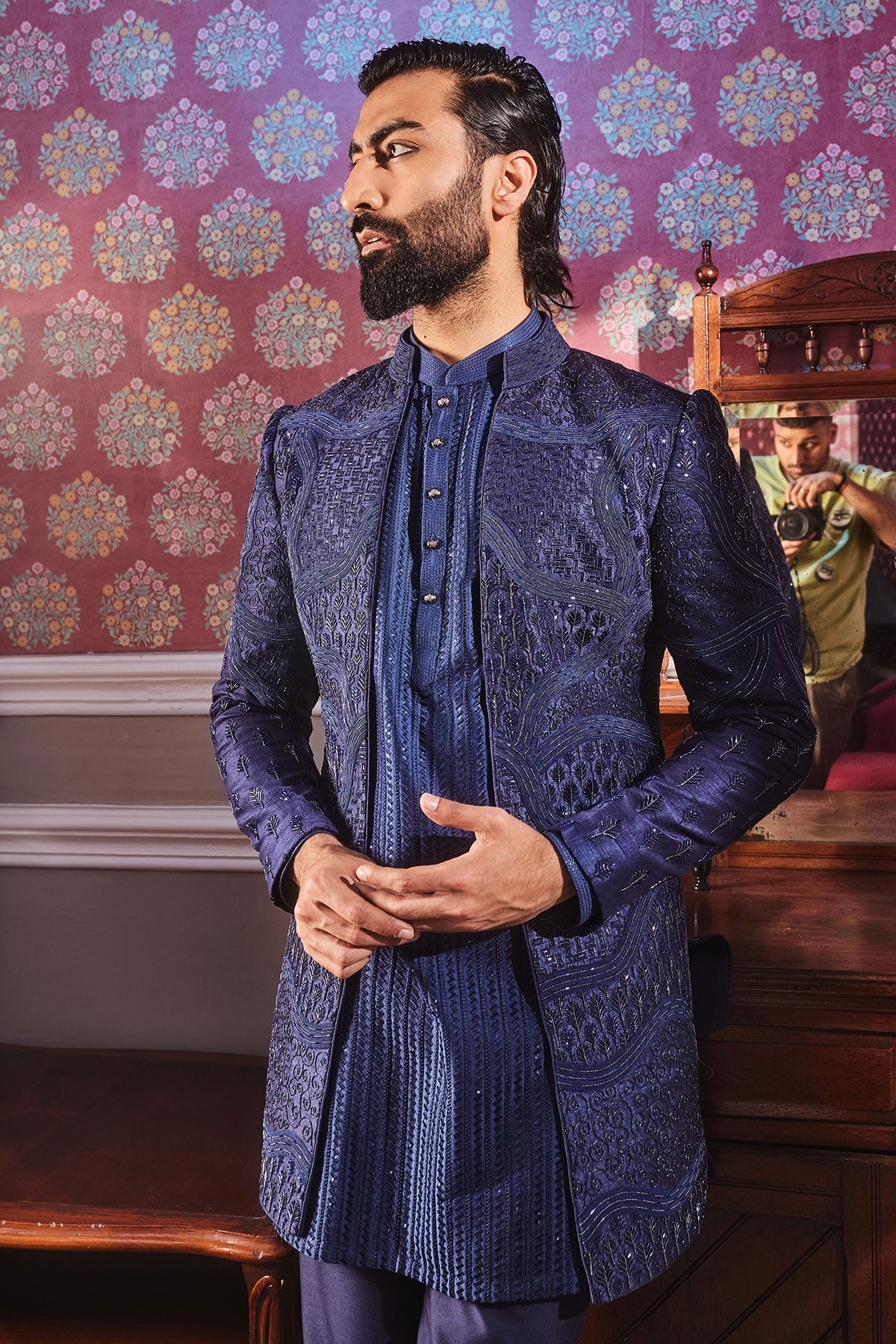 Navy Open Raw Silk Embroidered Indo-Western Set