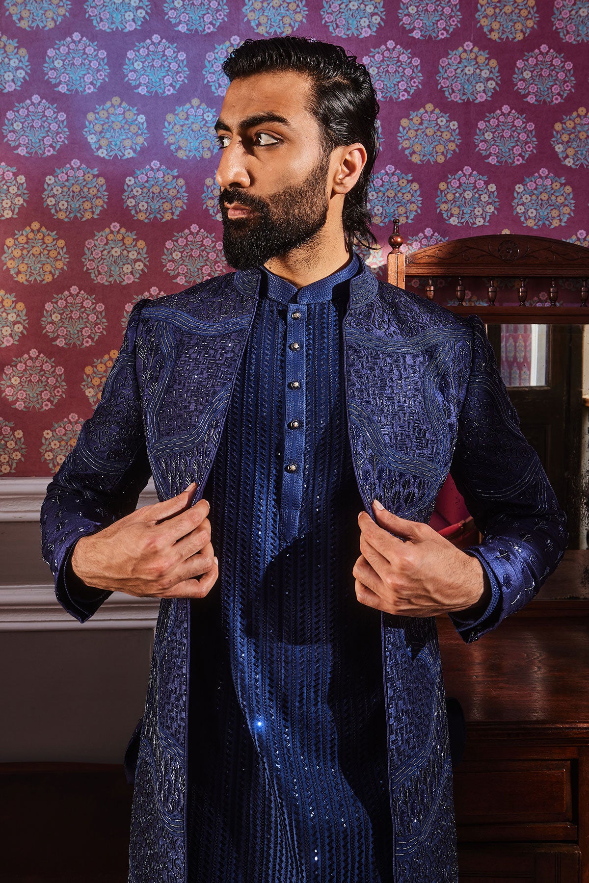 Navy Open Raw Silk Embroidered Indo-Western Set
