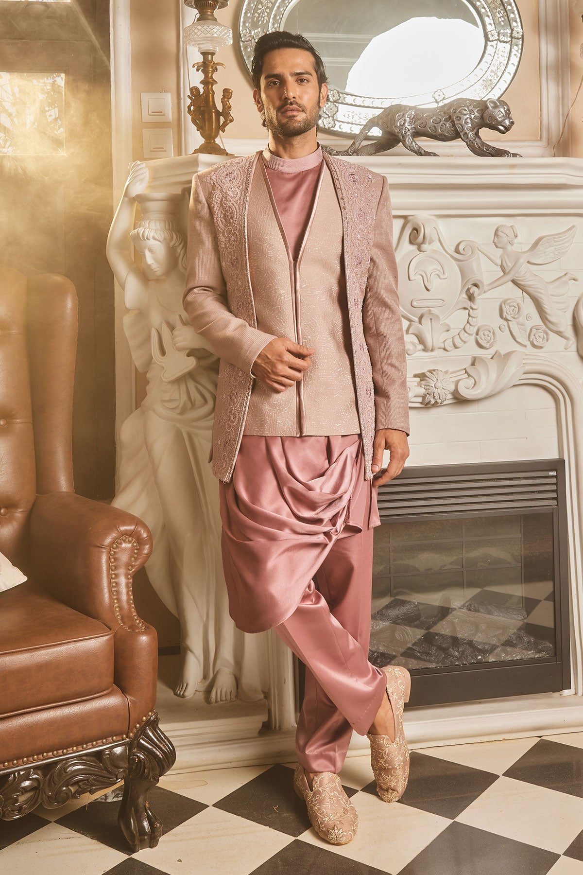 Lilac Silk Brocade Embroidered Bandhgala Set