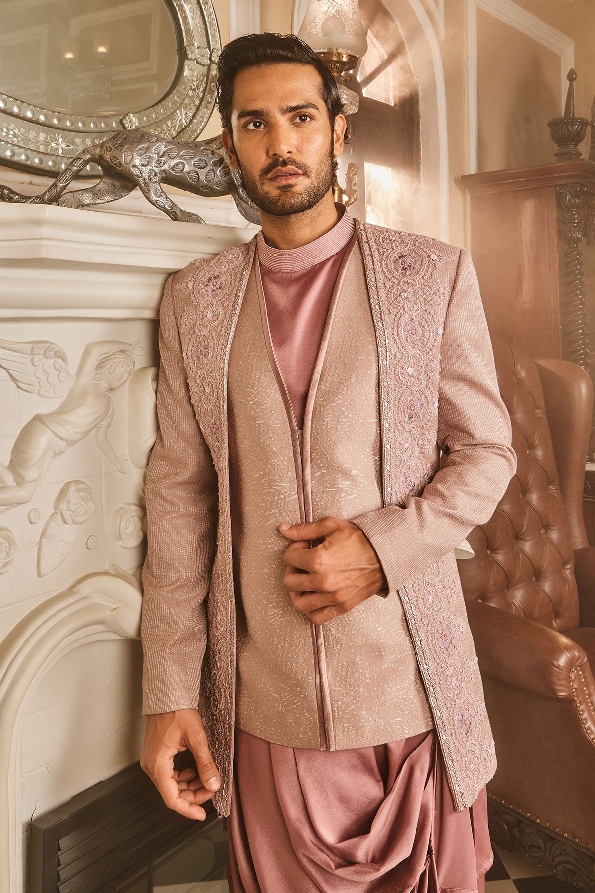 Lilac Silk Brocade Embroidered Bandhgala Set