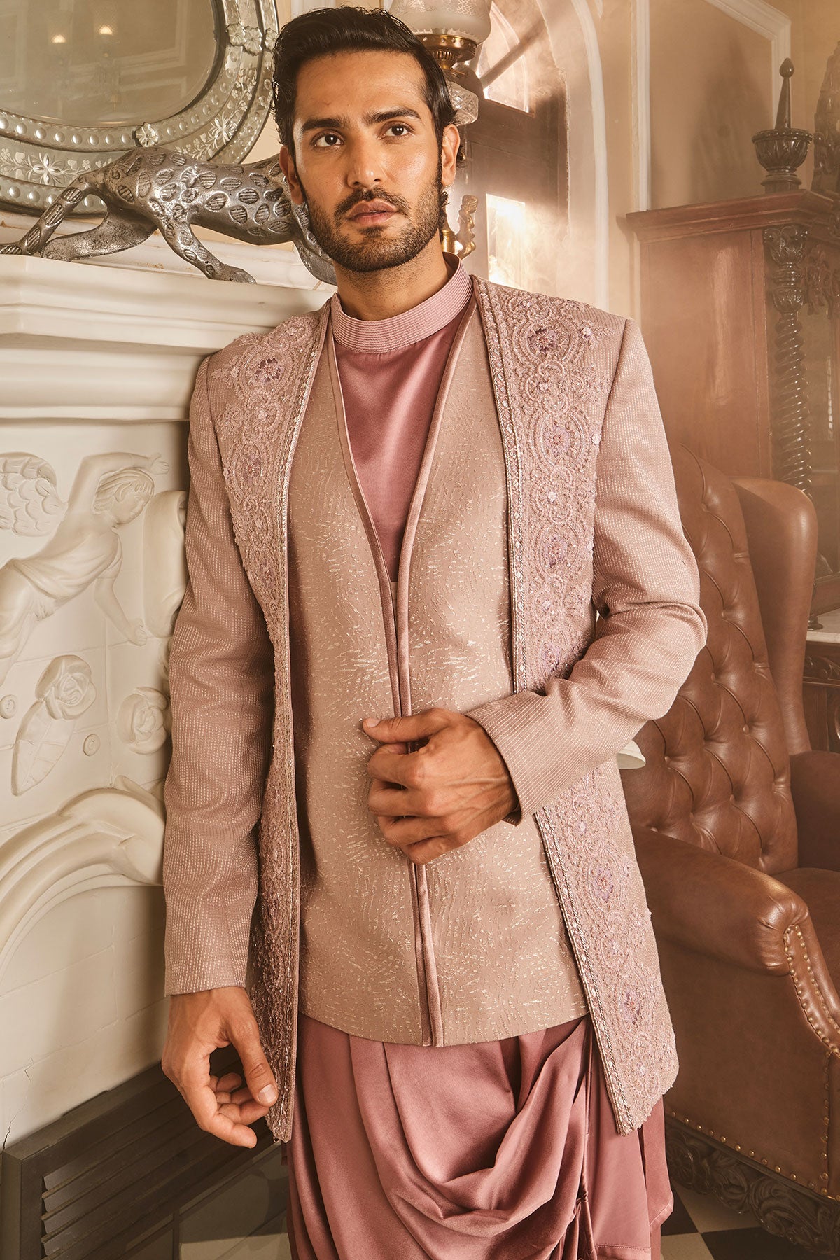 Lilac Silk Brocade Embroidered Bandhgala Set