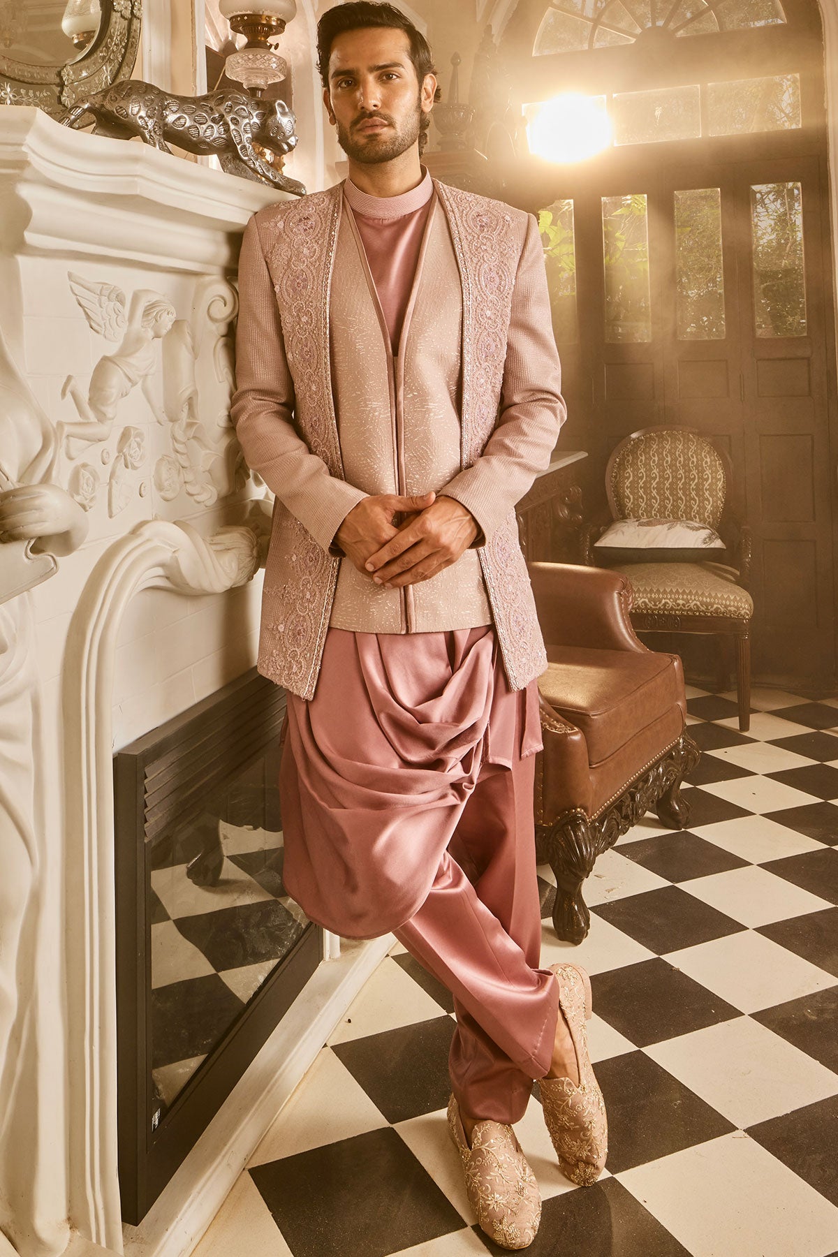 Lilac Silk Brocade Embroidered Bandhgala Set