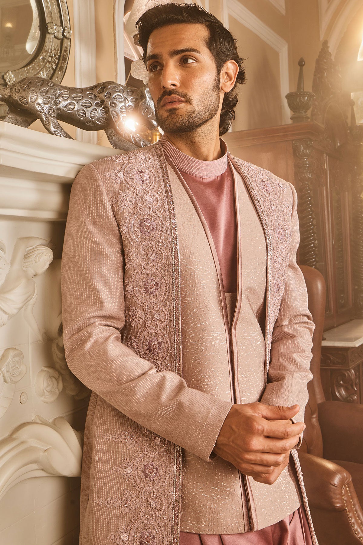 Lilac Silk Brocade Embroidered Bandhgala Set