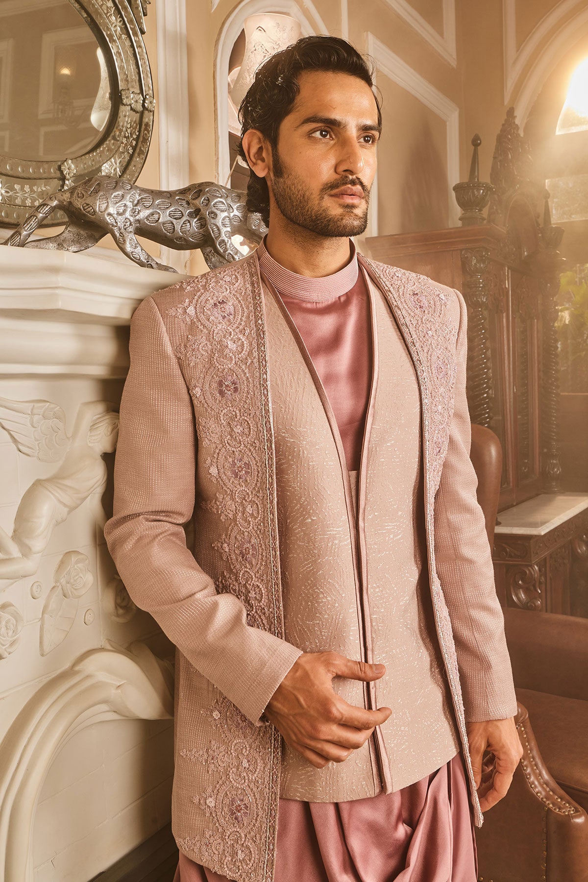 Lilac Silk Brocade Embroidered Bandhgala Set