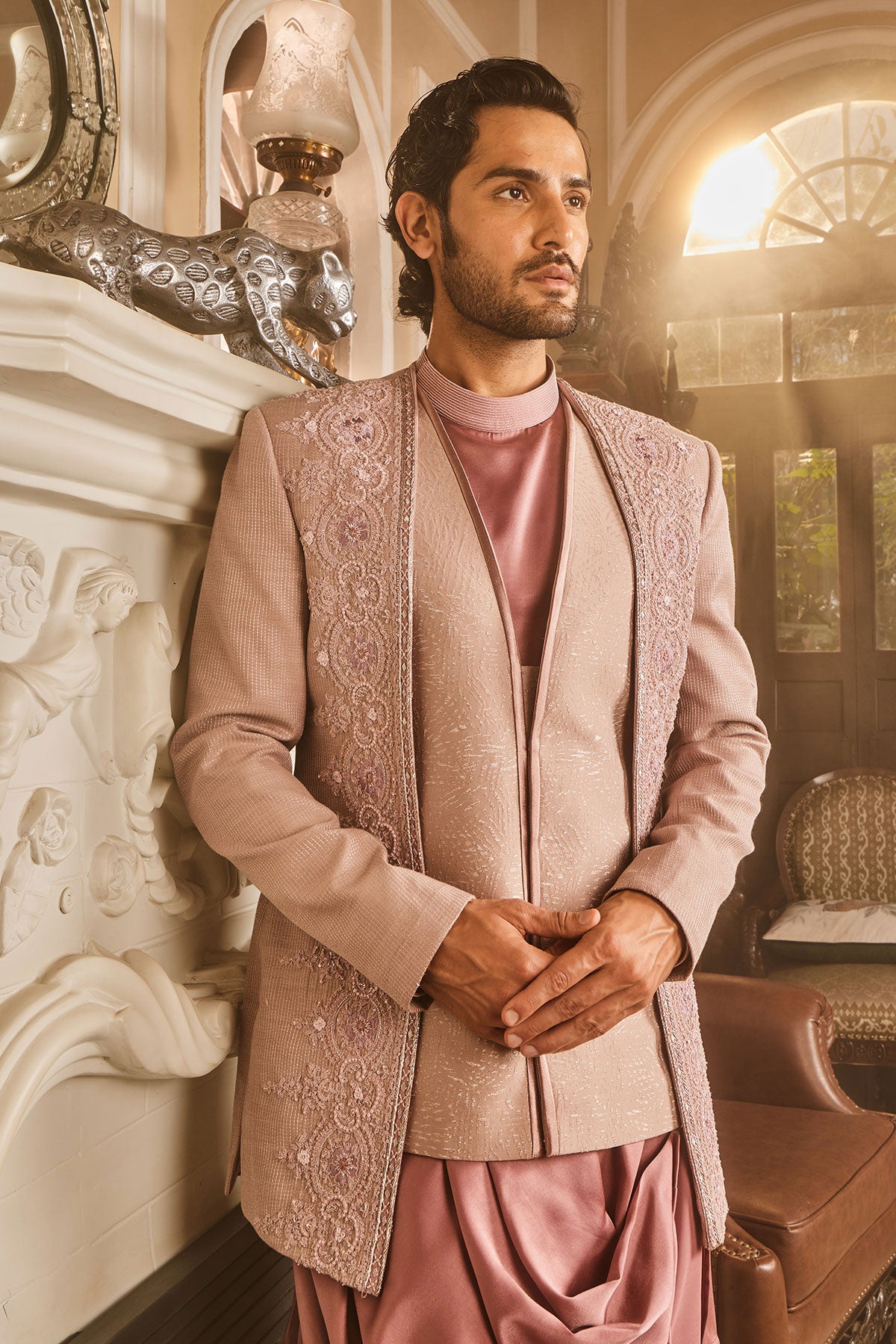 Lilac Silk Brocade Embroidered Bandhgala Set