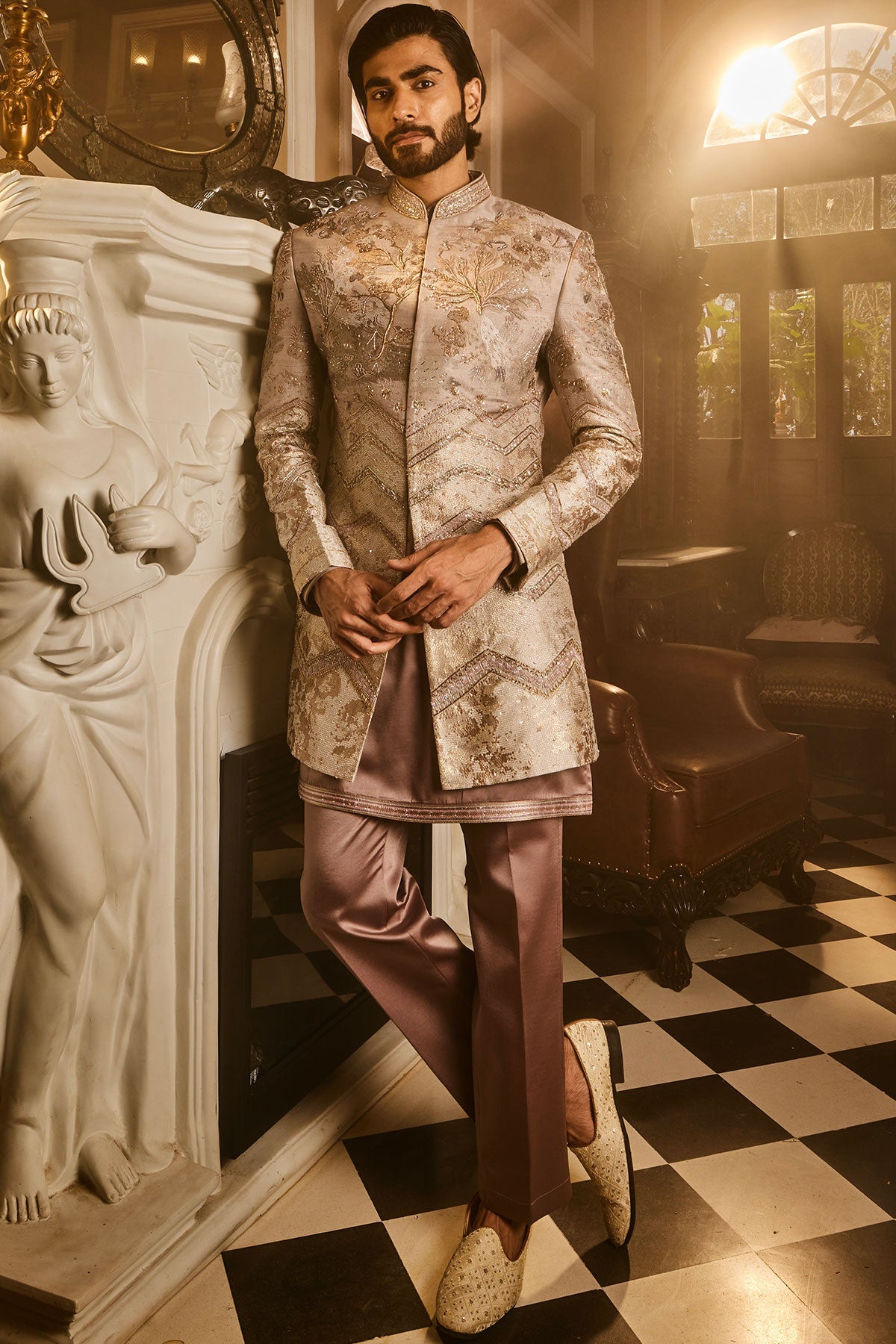 Ash Grey Embellished Raw Silk Indo-Western Set