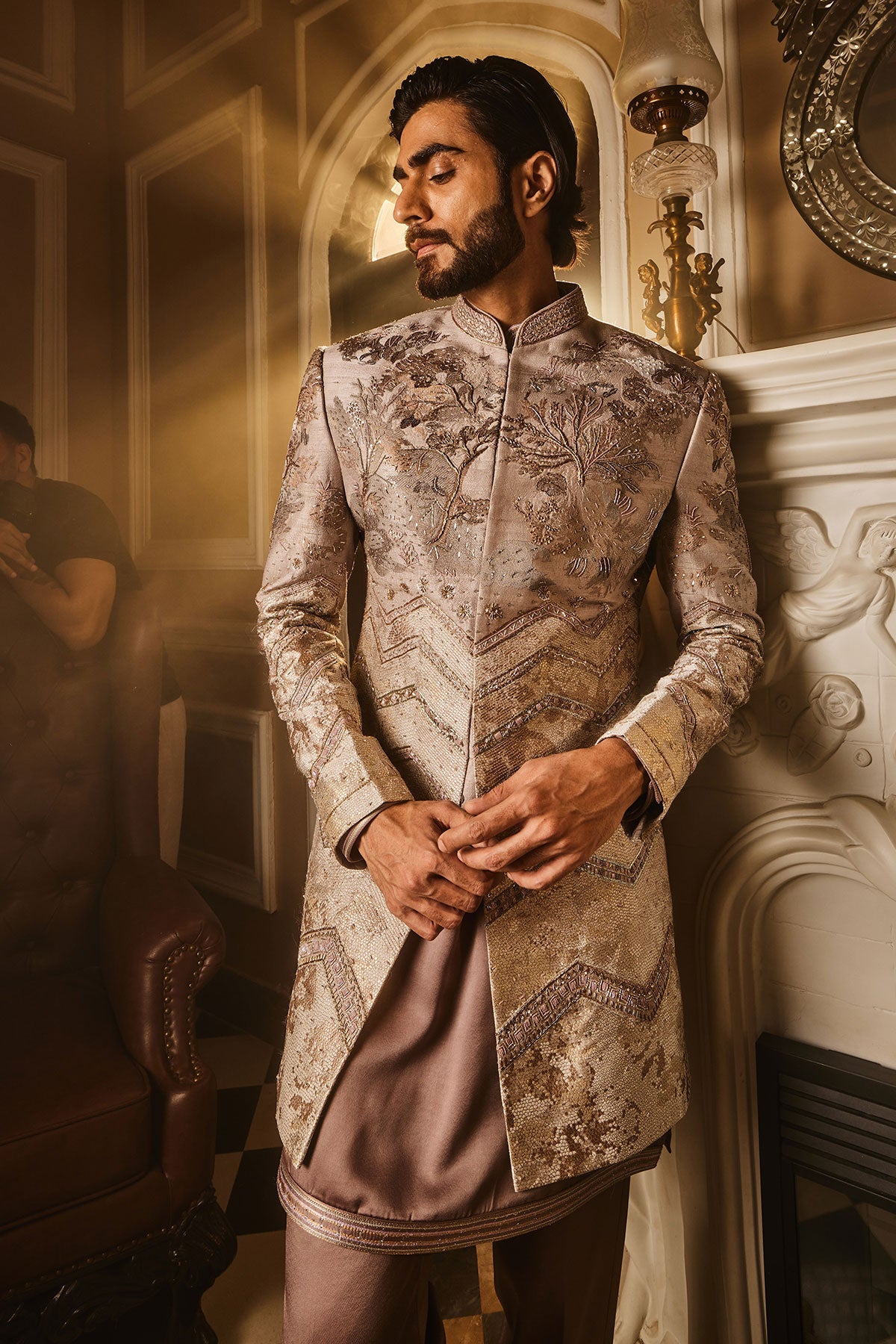 Ash Grey Embellished Raw Silk Indo-Western Set