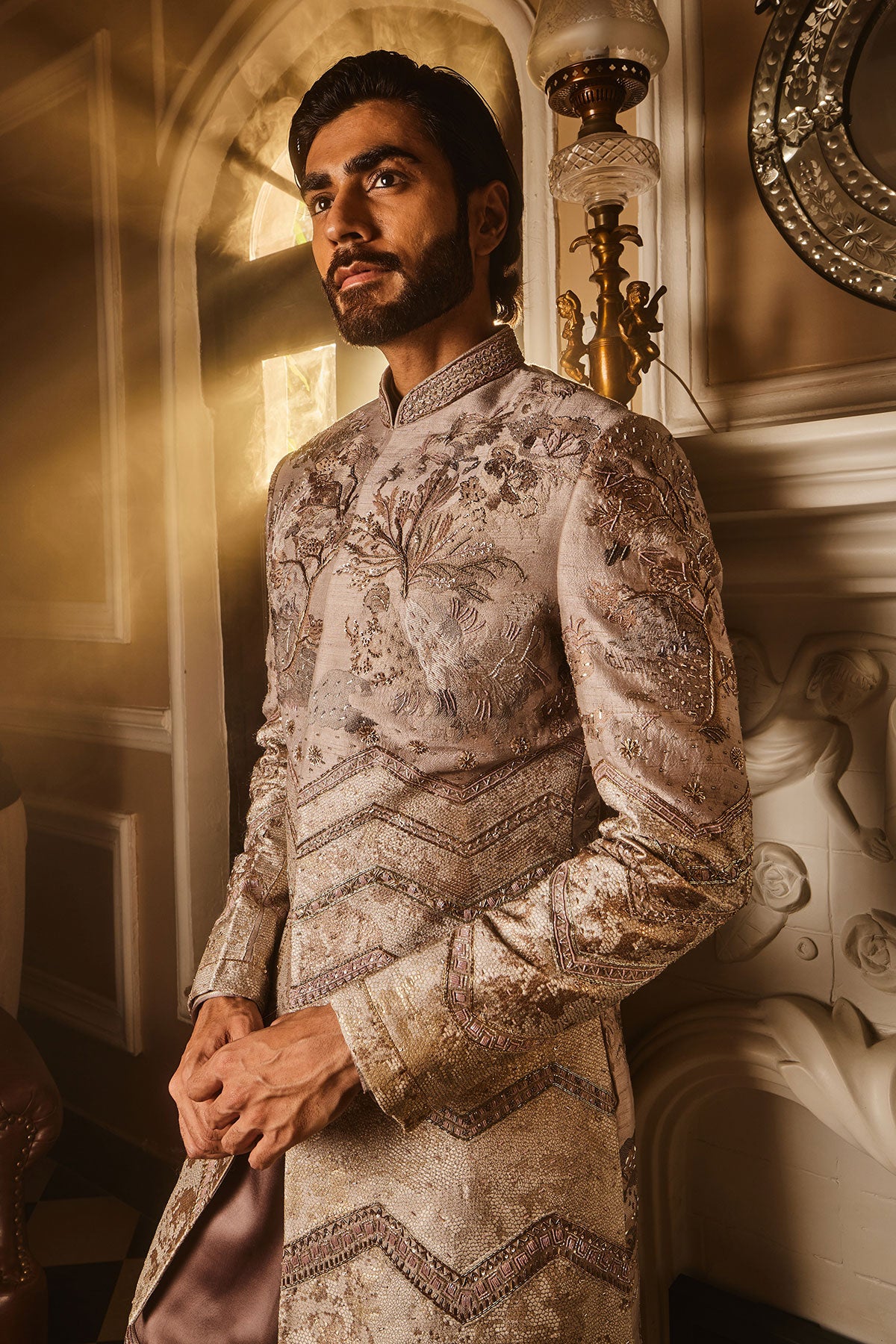 Ash Grey Embellished Raw Silk Indo-Western Set