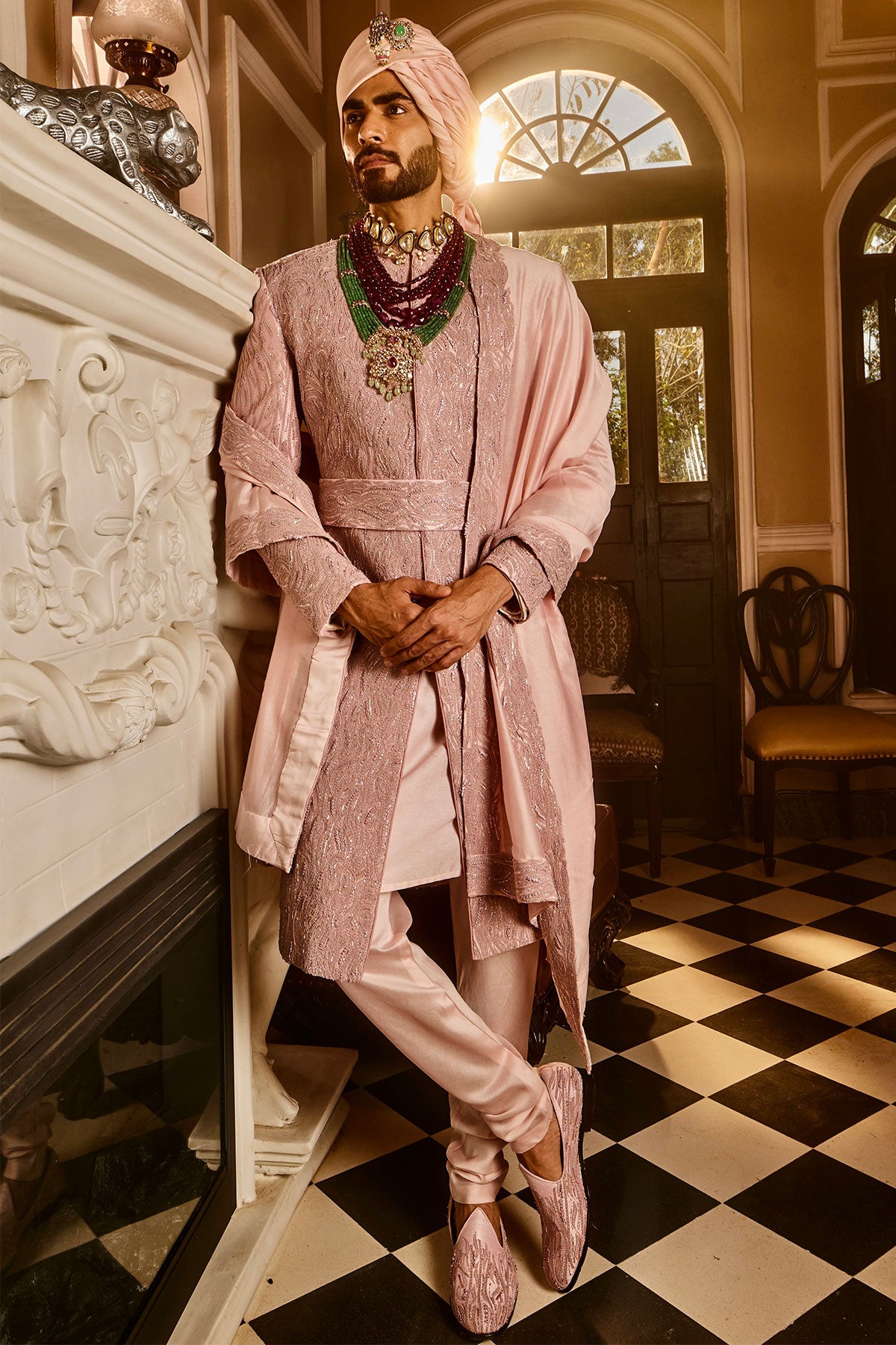 Crepe Pink Raw Silk Embroidered Sherwani