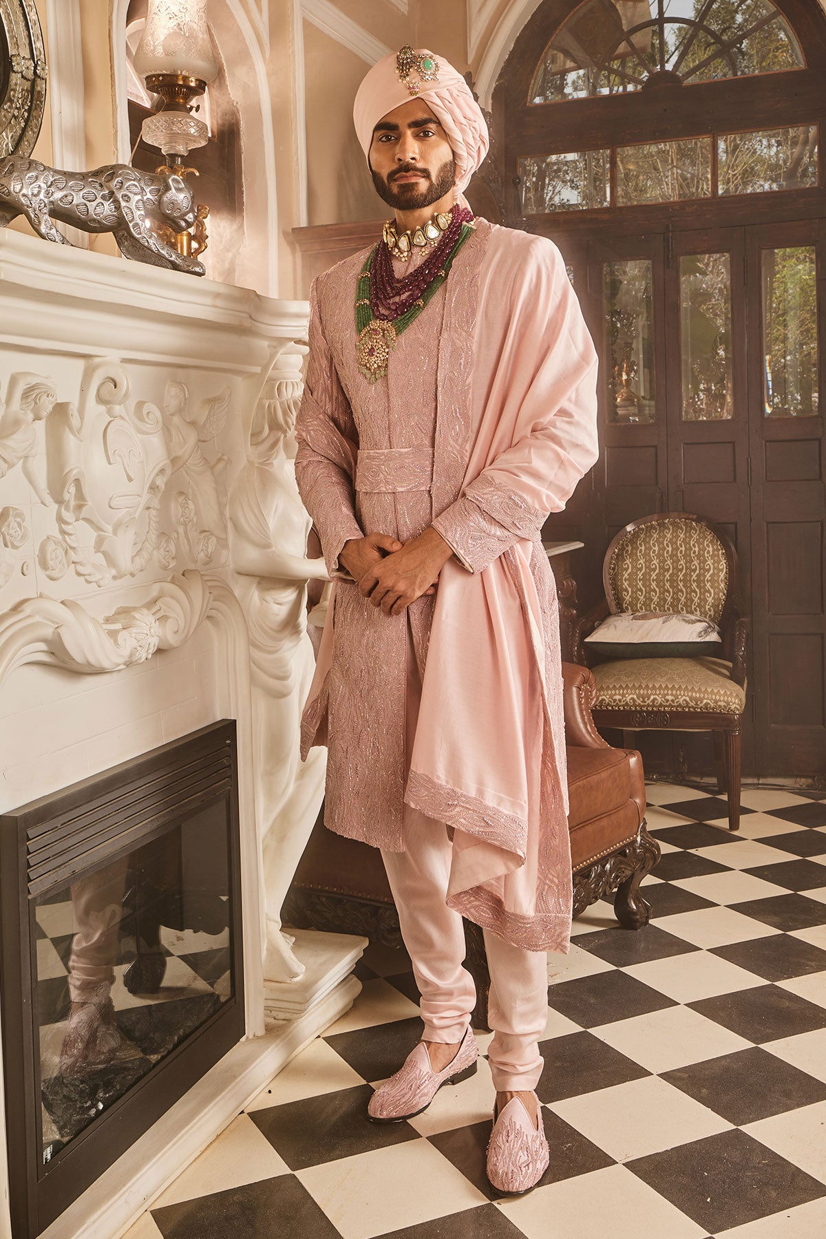 Crepe Pink Raw Silk Embroidered Sherwani
