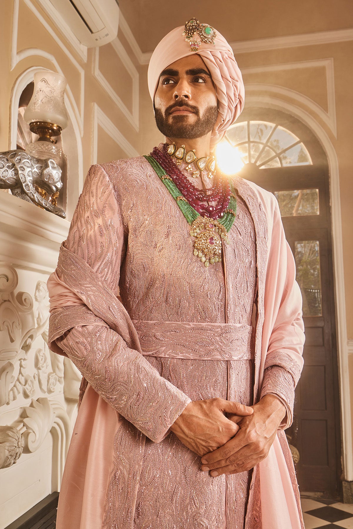 Crepe Pink Raw Silk Embroidered Sherwani