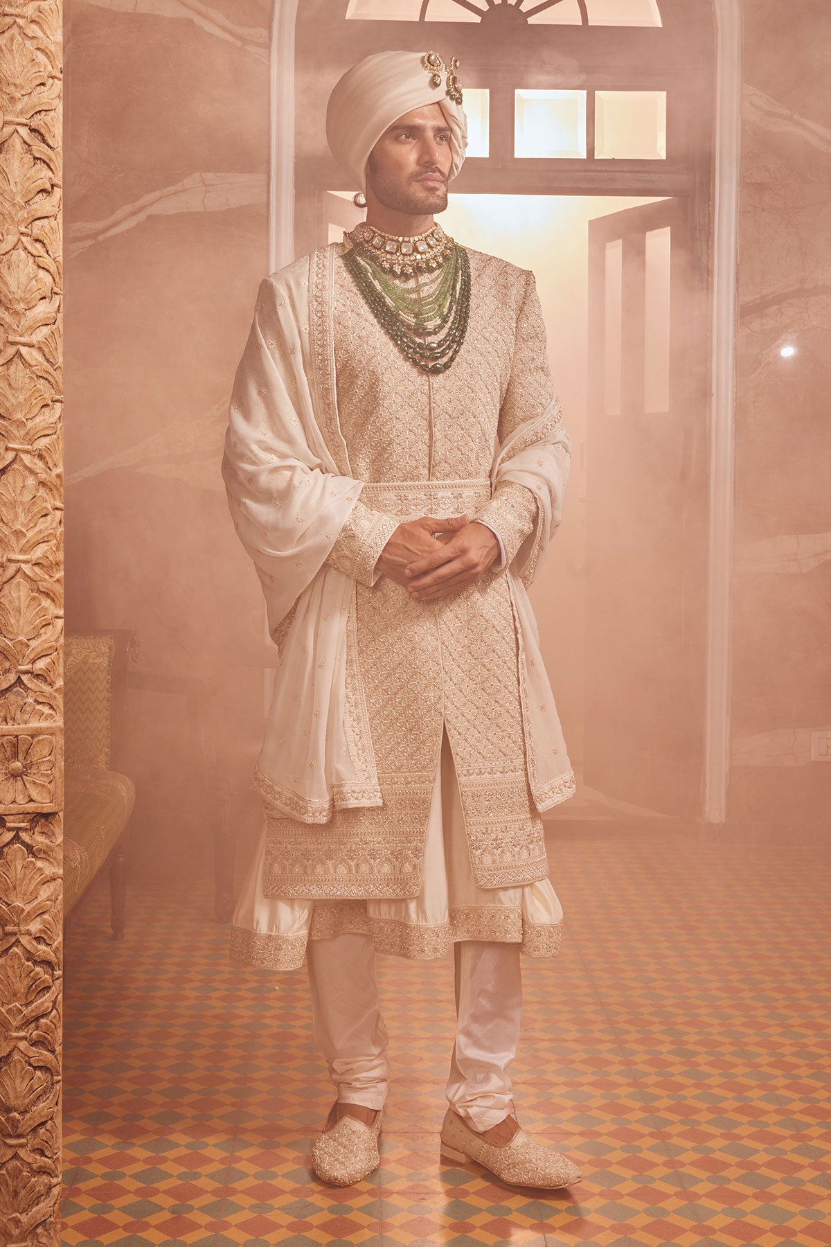 Ivory Raw Silk Zardozi Embroidered Sherwani