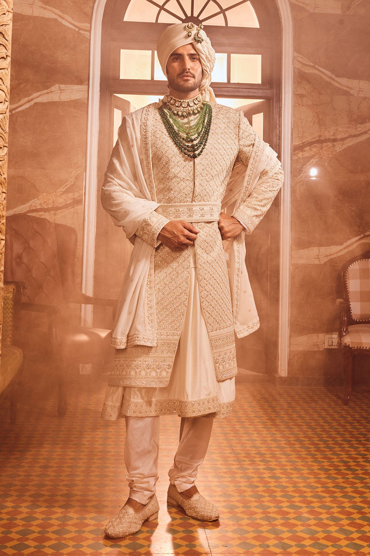 Ivory Raw Silk Zardozi Embroidered Sherwani