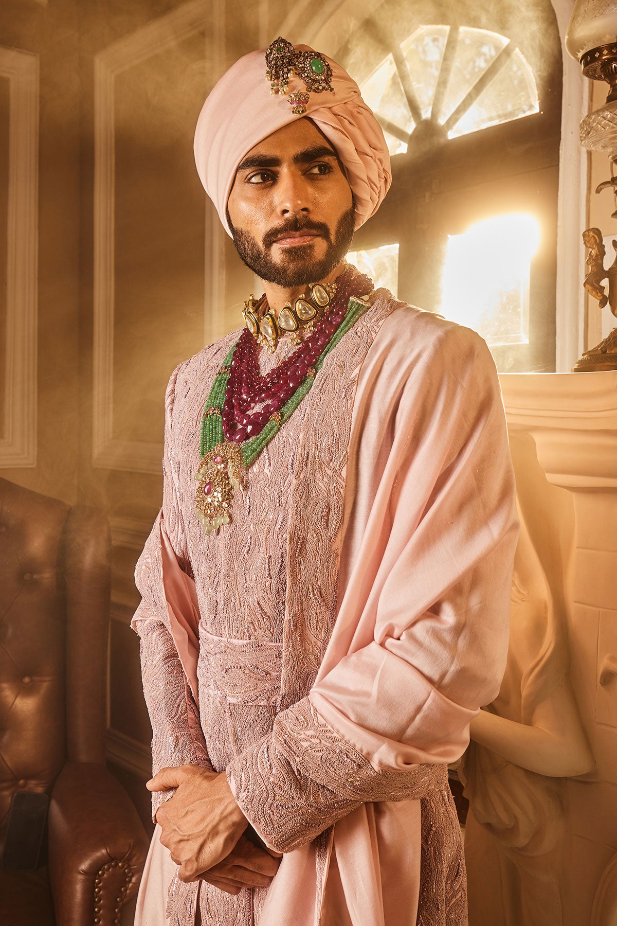 Crepe Pink Raw Silk Embroidered Sherwani