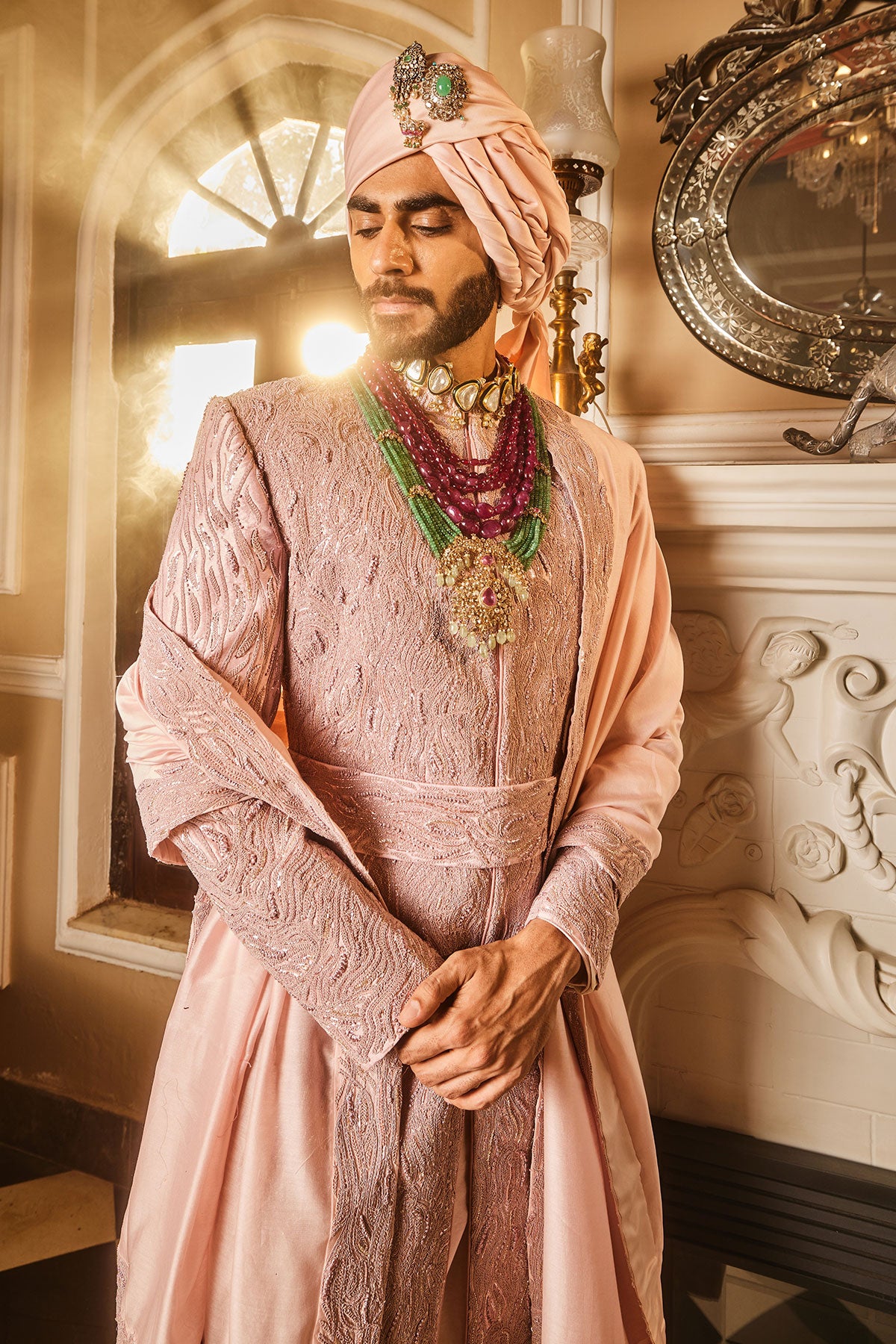 Crepe Pink Raw Silk Embroidered Sherwani