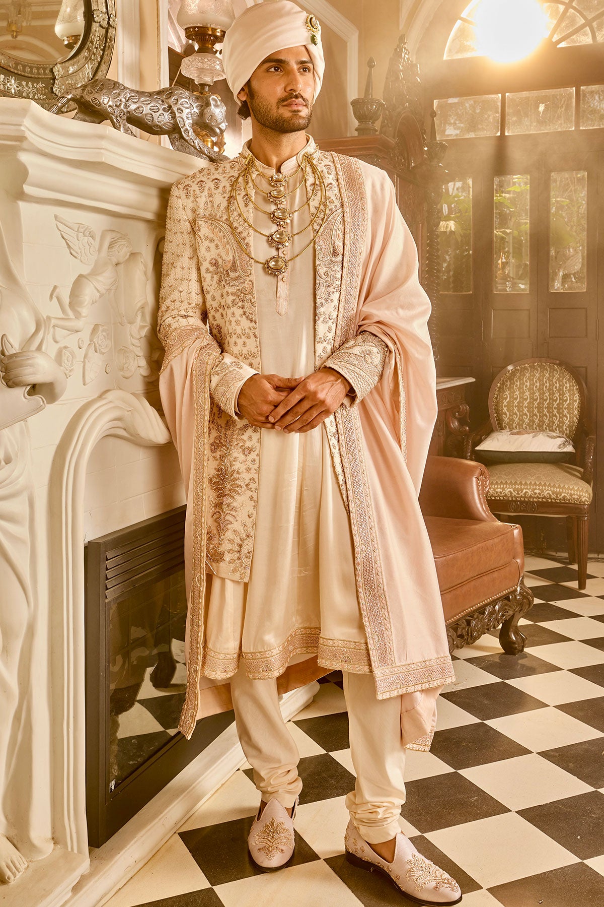 Ivory Raw Silk Open Embroidered Sherwani