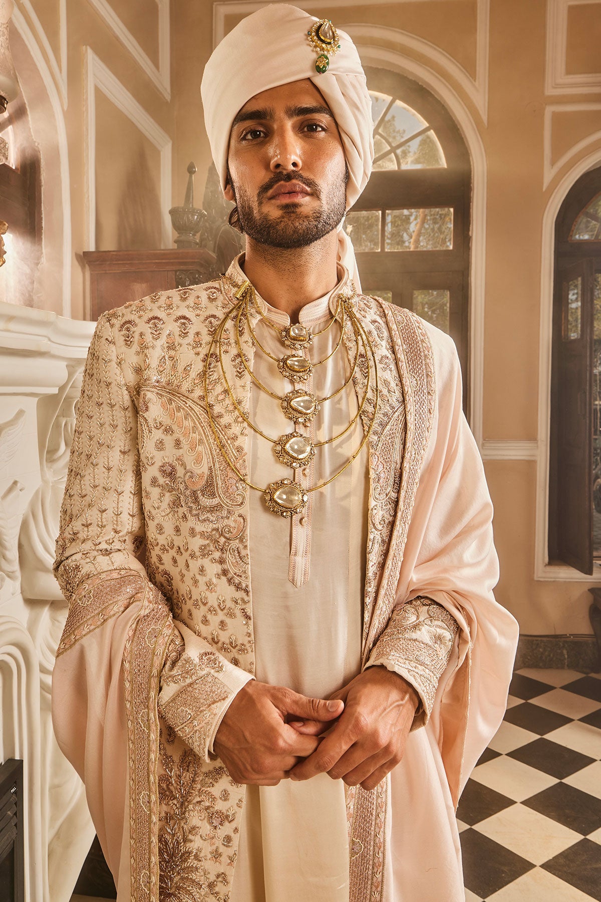 Ivory Raw Silk Open Embroidered Sherwani