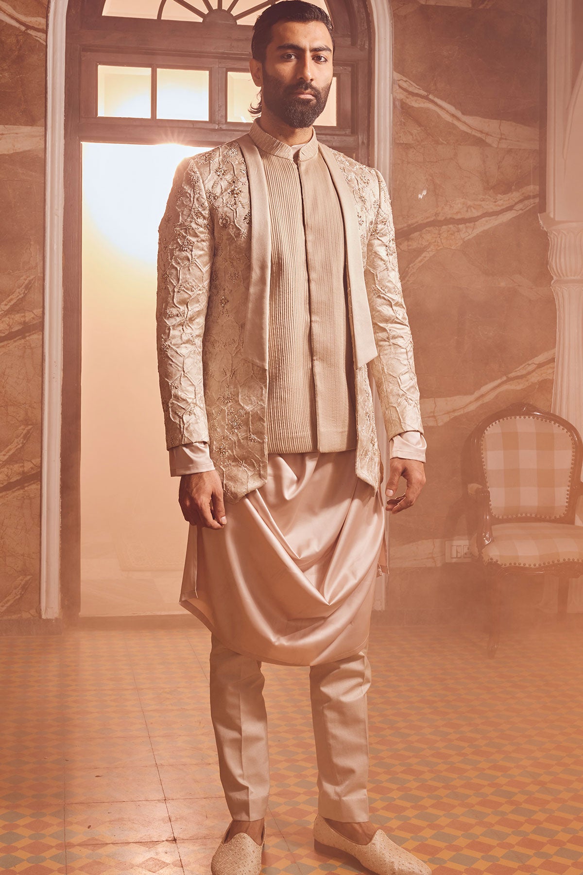 Champagne Embossed Silk Brocade Open Indo-Western