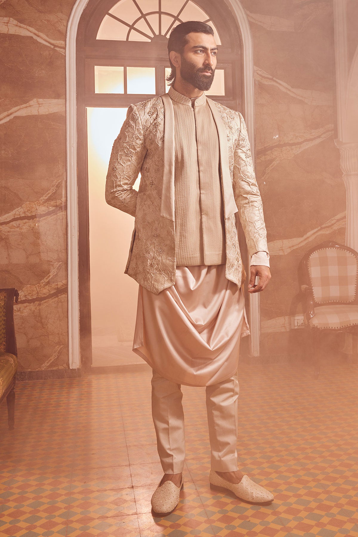 Champagne Embossed Silk Brocade Open Indo-Western