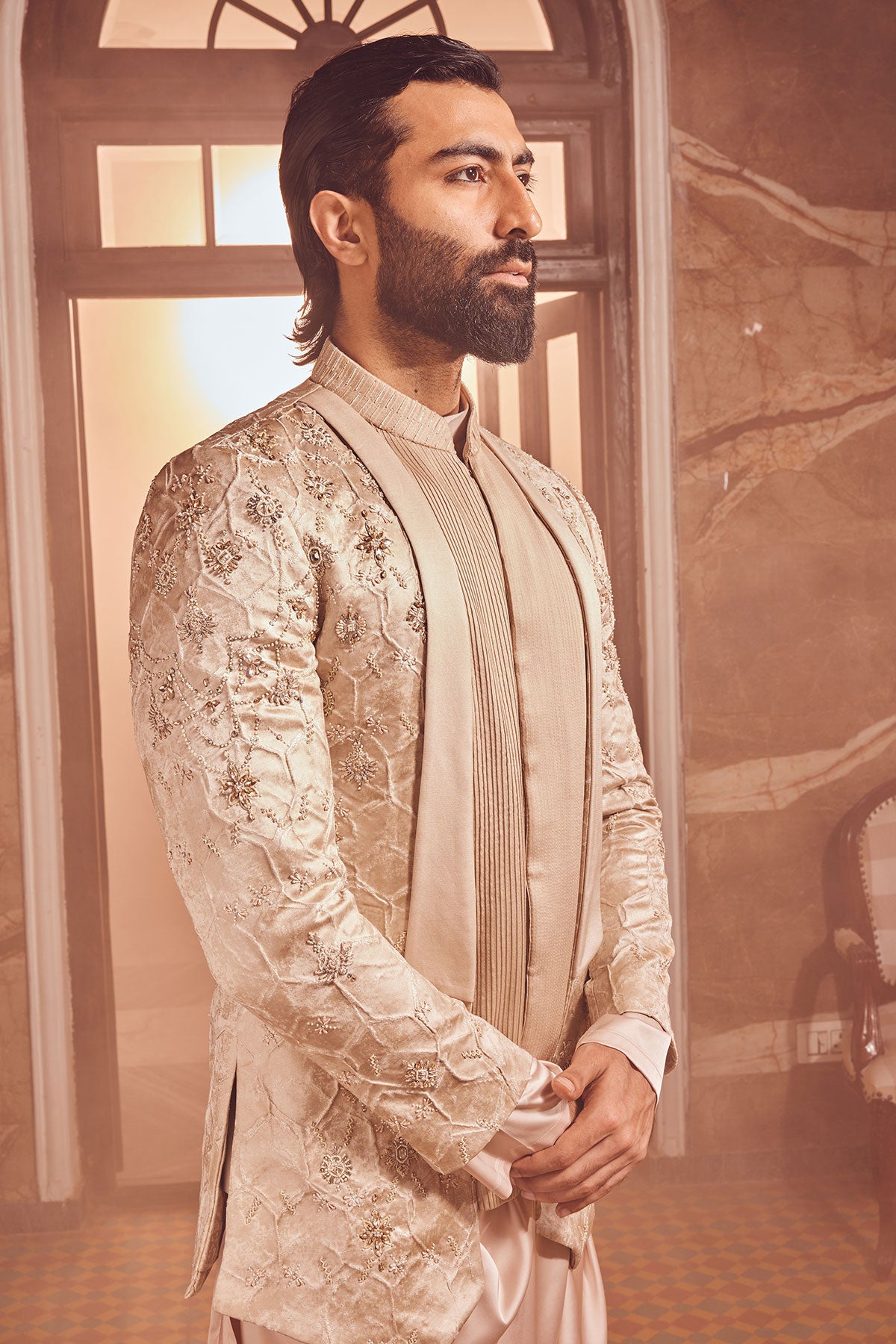 Champagne Embossed Silk Brocade Open Indo-Western