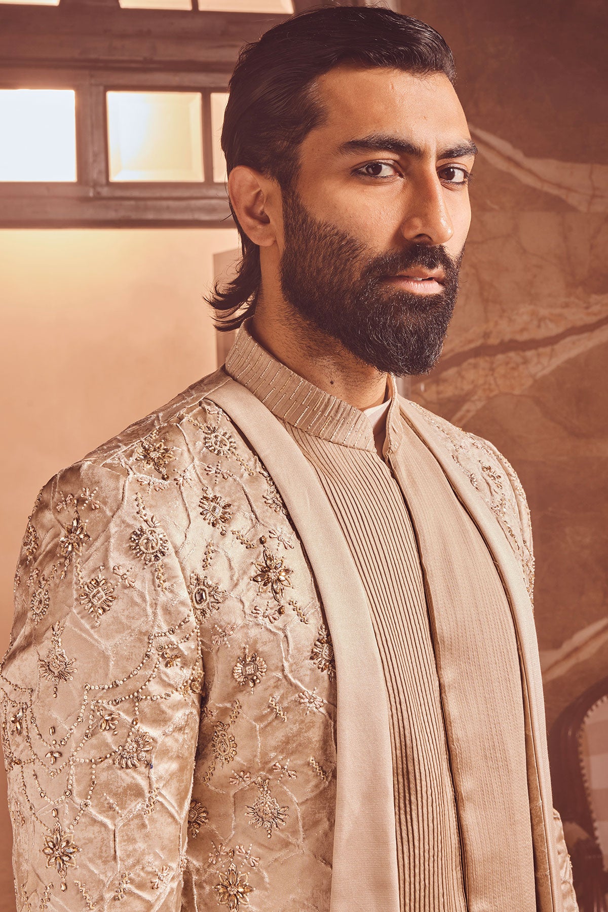 Champagne Embossed Silk Brocade Open Indo-Western