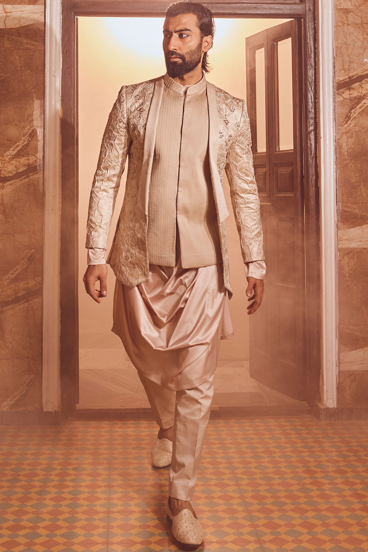 Champagne Embossed Silk Brocade Open Indo-Western