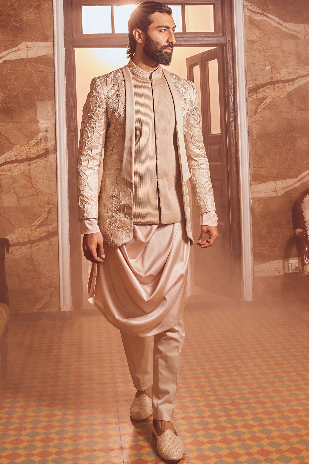 Champagne Embossed Silk Brocade Open Indo-Western