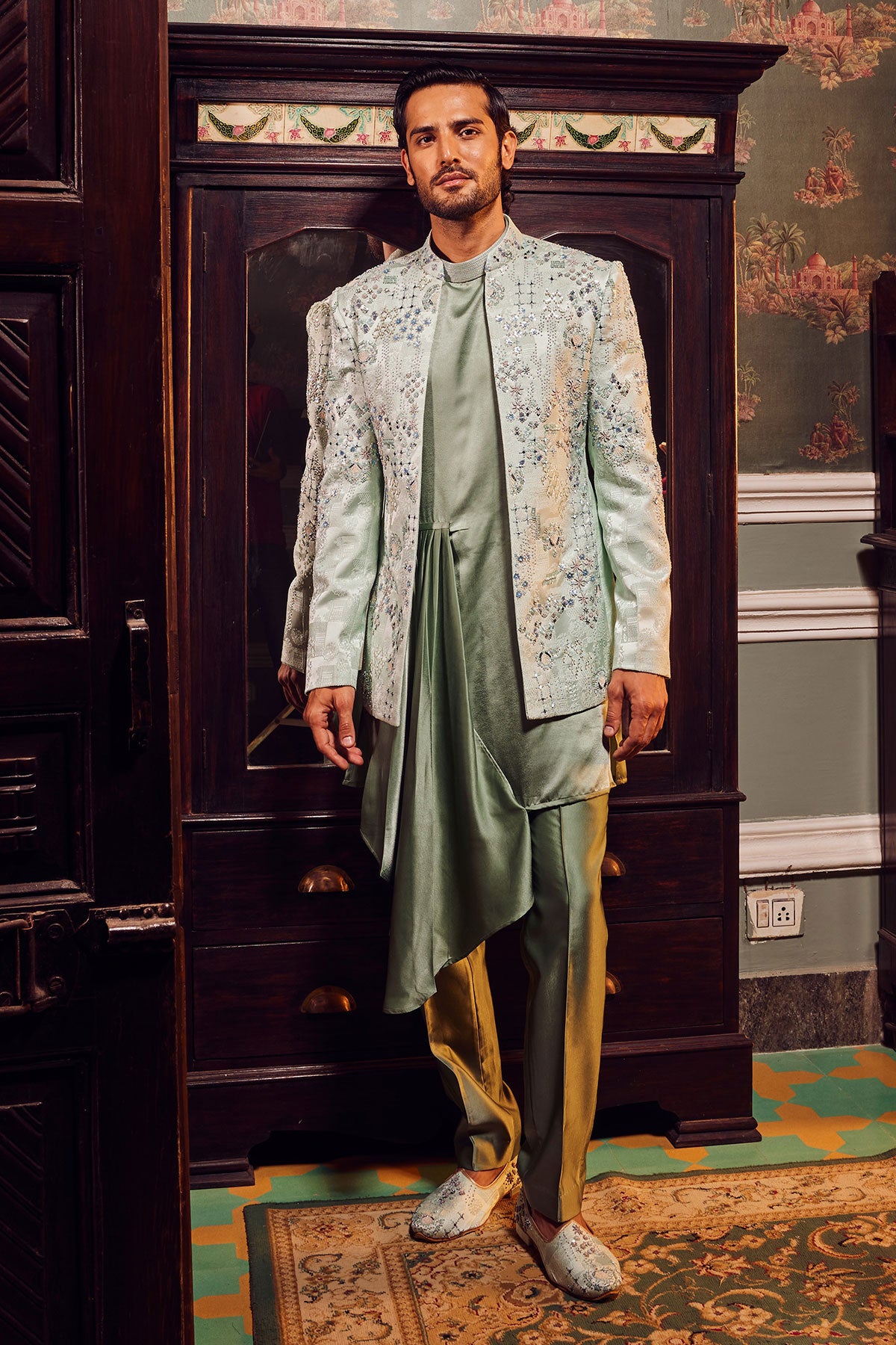 Sage Open Jaquard Embroidered Bandhgala Set