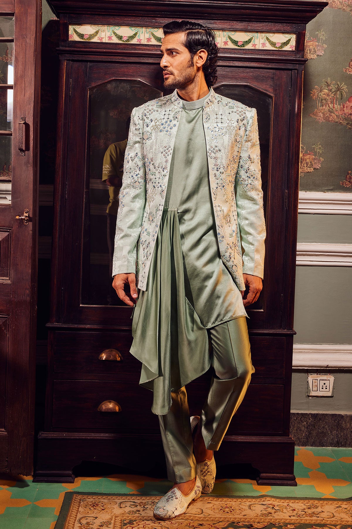 Sage Open Jaquard Embroidered Bandhgala Set