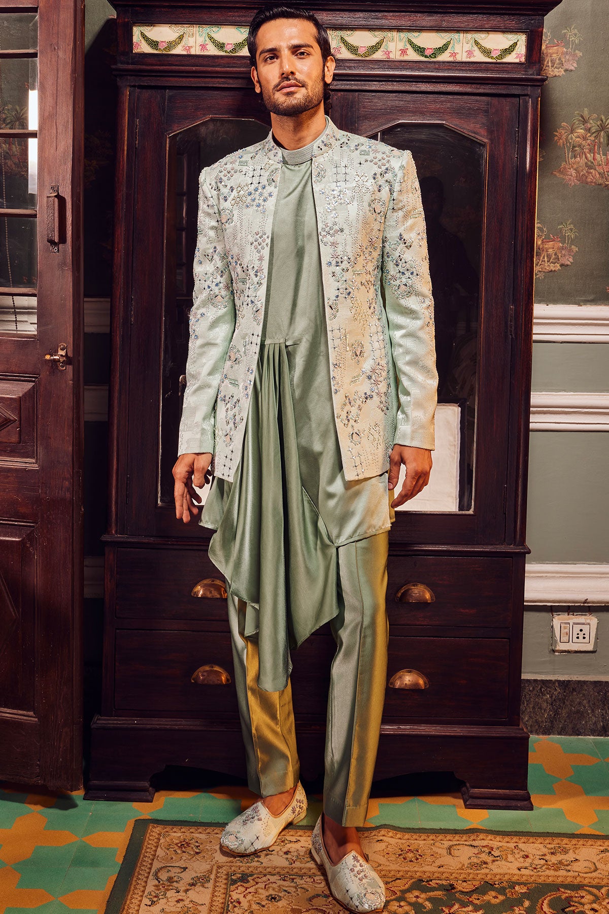 Sage Open Jaquard Embroidered Bandhgala Set