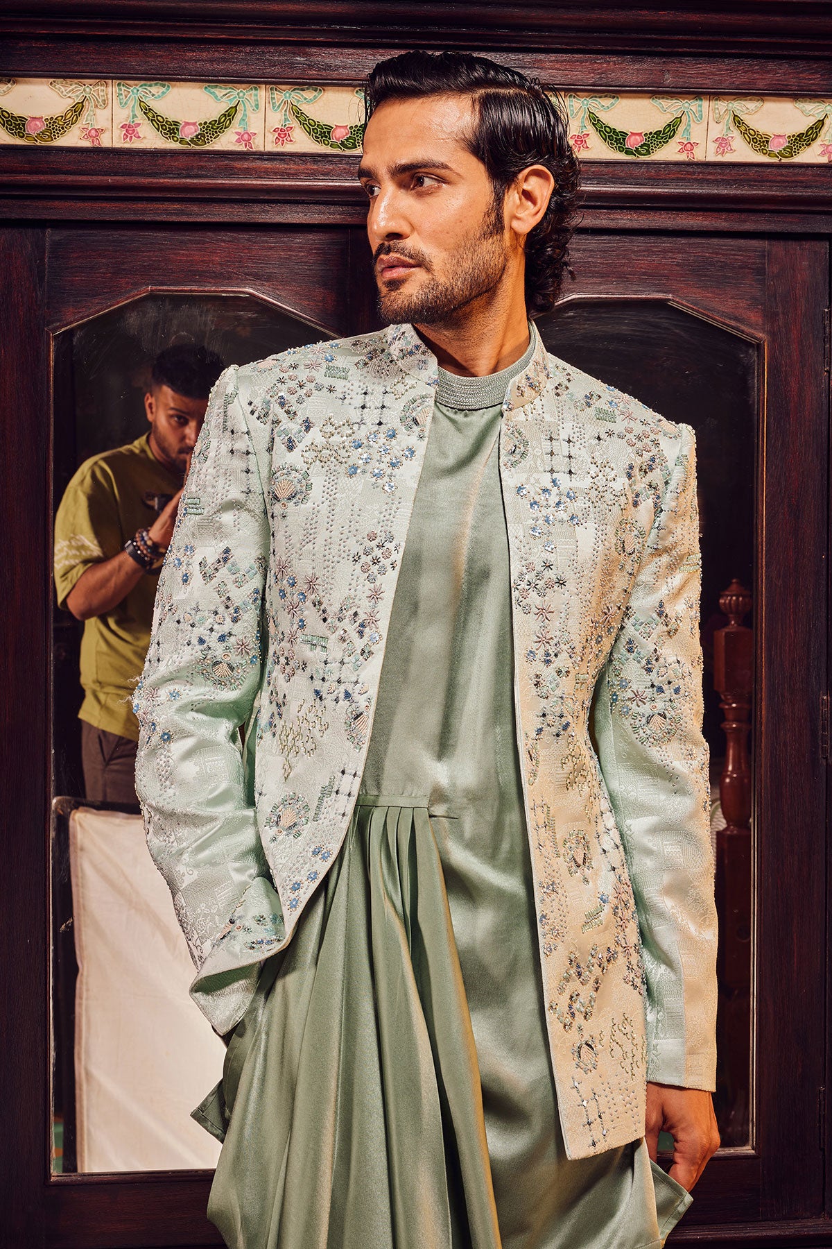 Sage Open Jaquard Embroidered Bandhgala Set