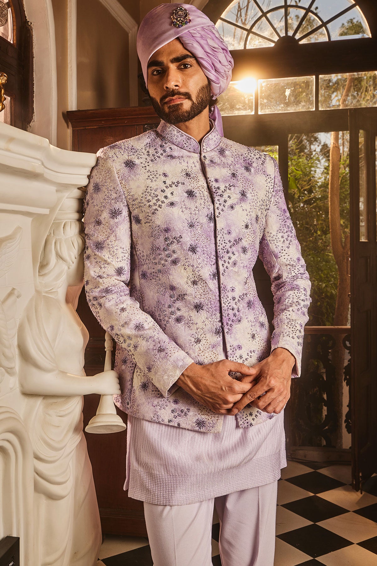Lilac Chanderi Silk Tie-Dye Embroidered Bandhgala Set