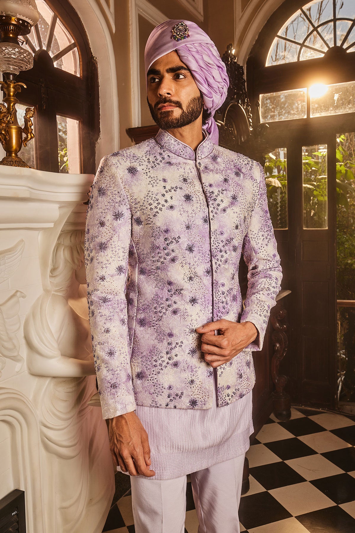 Lilac Chanderi Silk Tie-Dye Embroidered Bandhgala Set