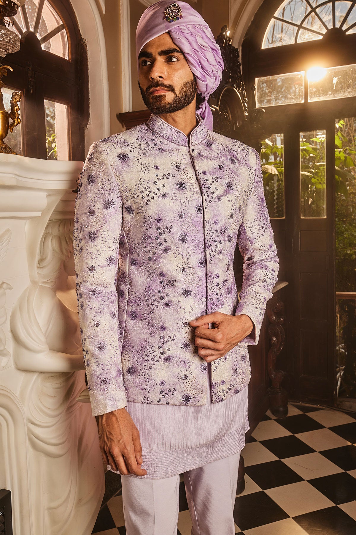 Lilac Chanderi Silk Tie-Dye Embroidered Bandhgala Set