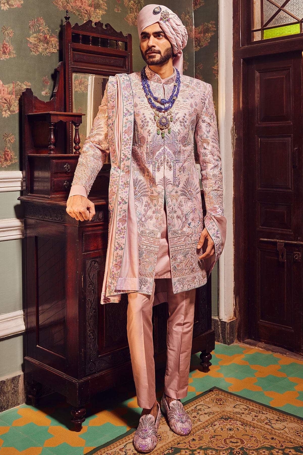 Raw Silk Pink Panel Embroidered Sherwani