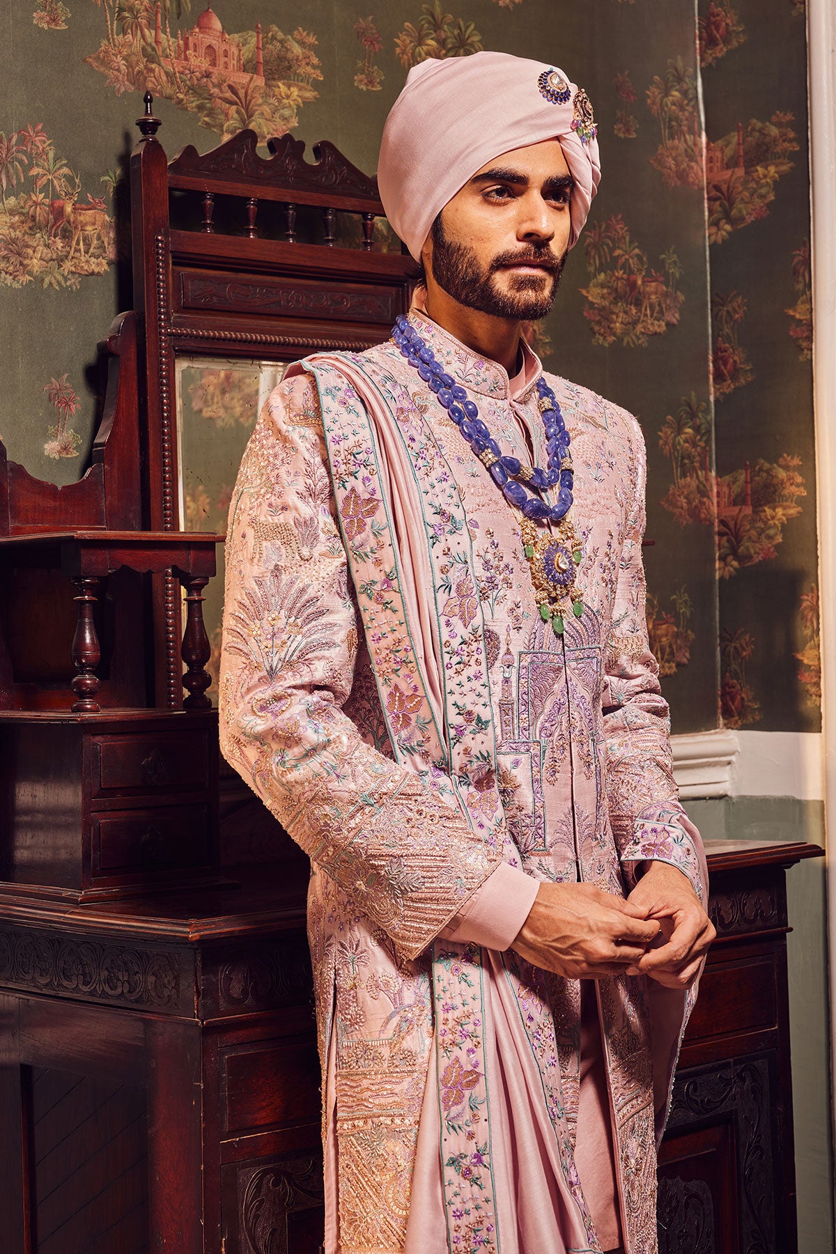 Raw Silk Pink Panel Embroidered Sherwani