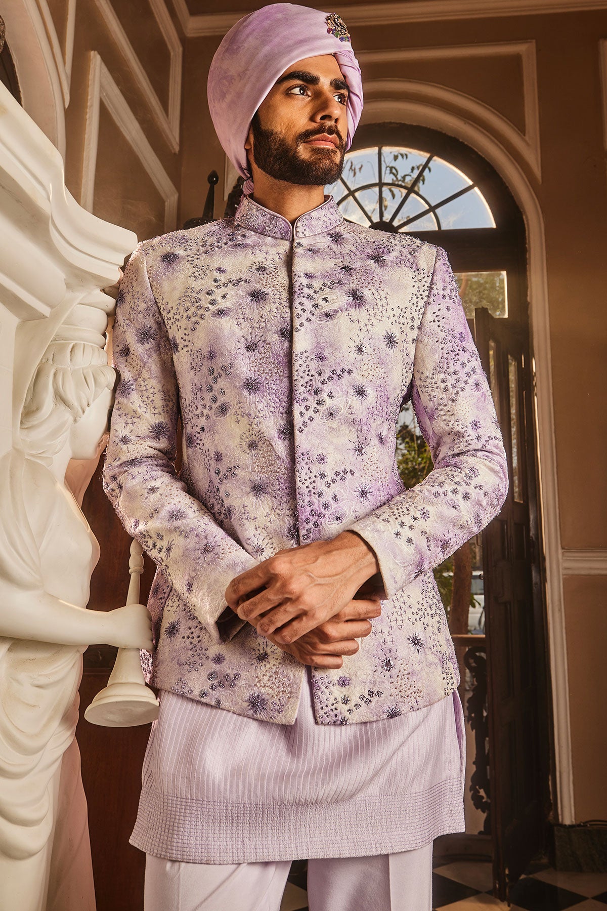 Lilac Chanderi Silk Tie-Dye Embroidered Bandhgala Set